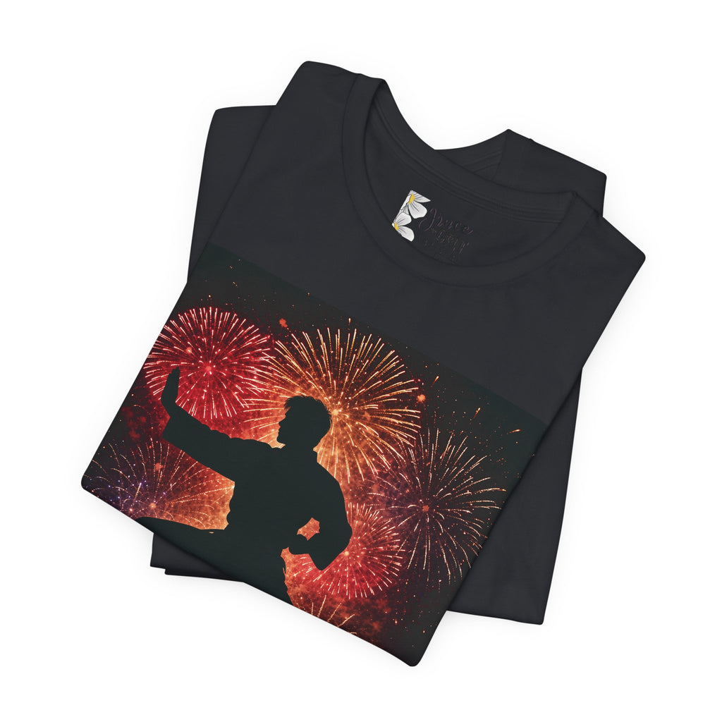 Martial Arts Fireworks T-Shirt — Karate Silhouette Celebration Tee