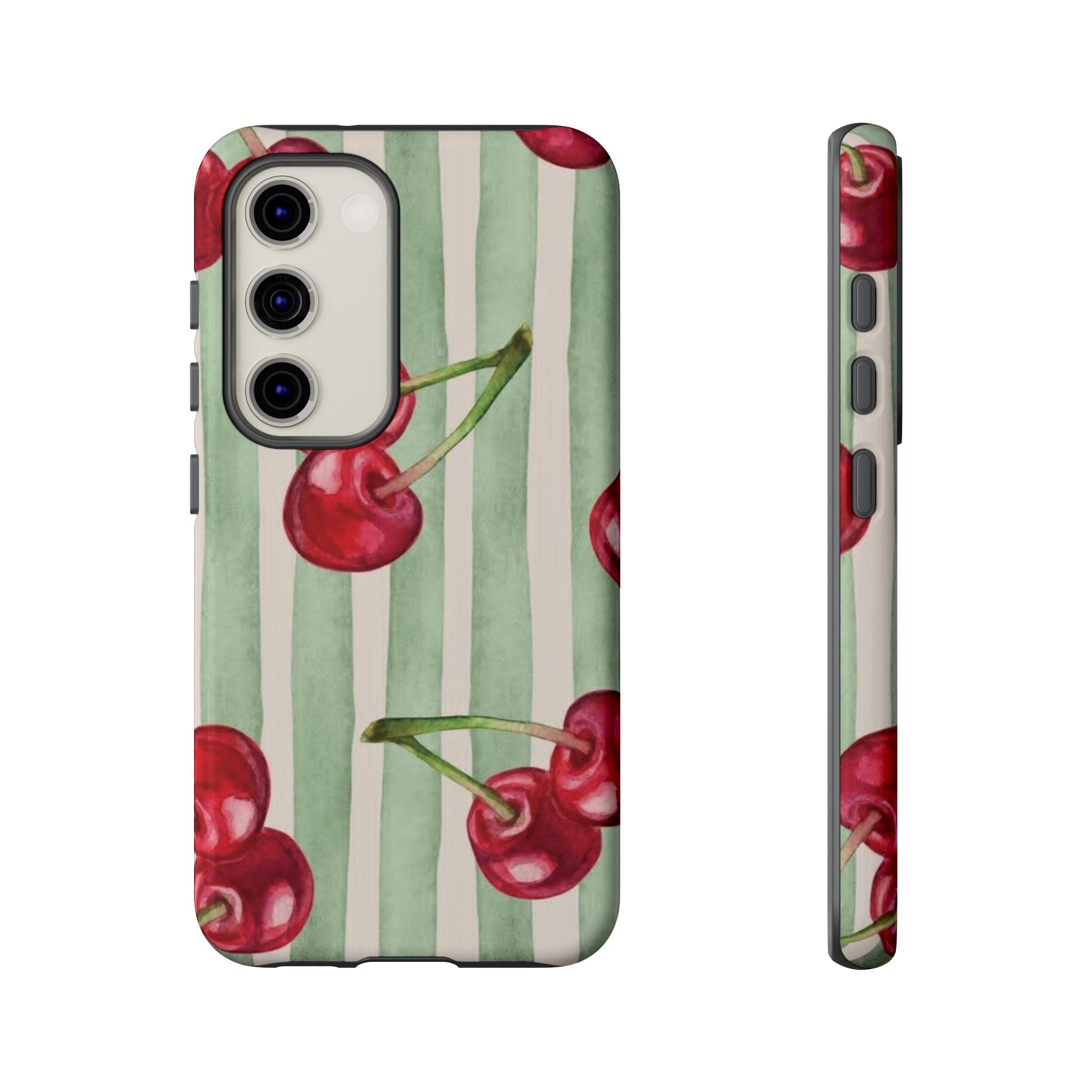 Cherry Stripe Phone Case – Retro Watercolor Cherries on Mint Stripes