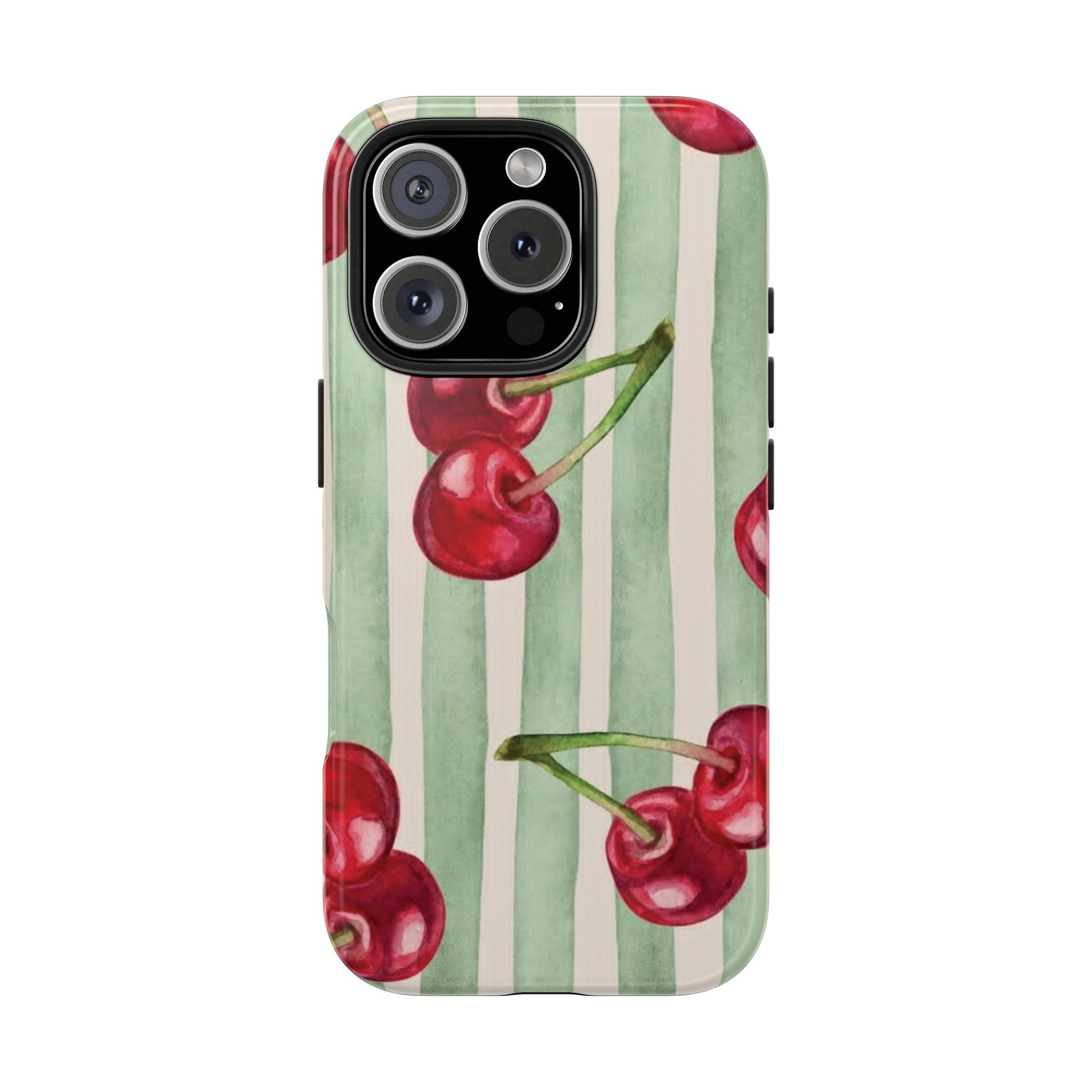 Cherry Stripe Tough Phone Case — Retro Watercolor Cherry Pattern Durable Phone Case