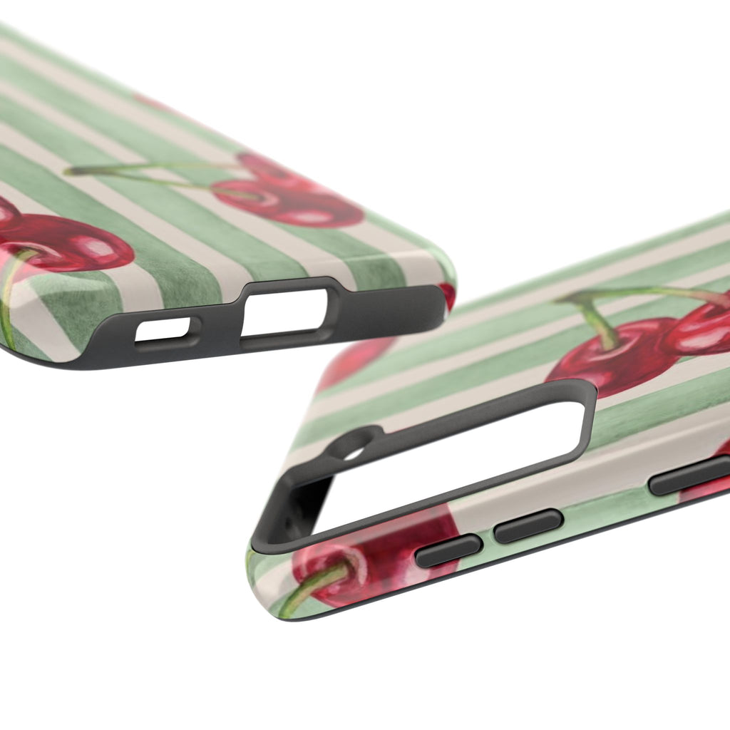Cherry Stripe Tough Phone Case — Retro Watercolor Cherry Pattern Durable Phone Case