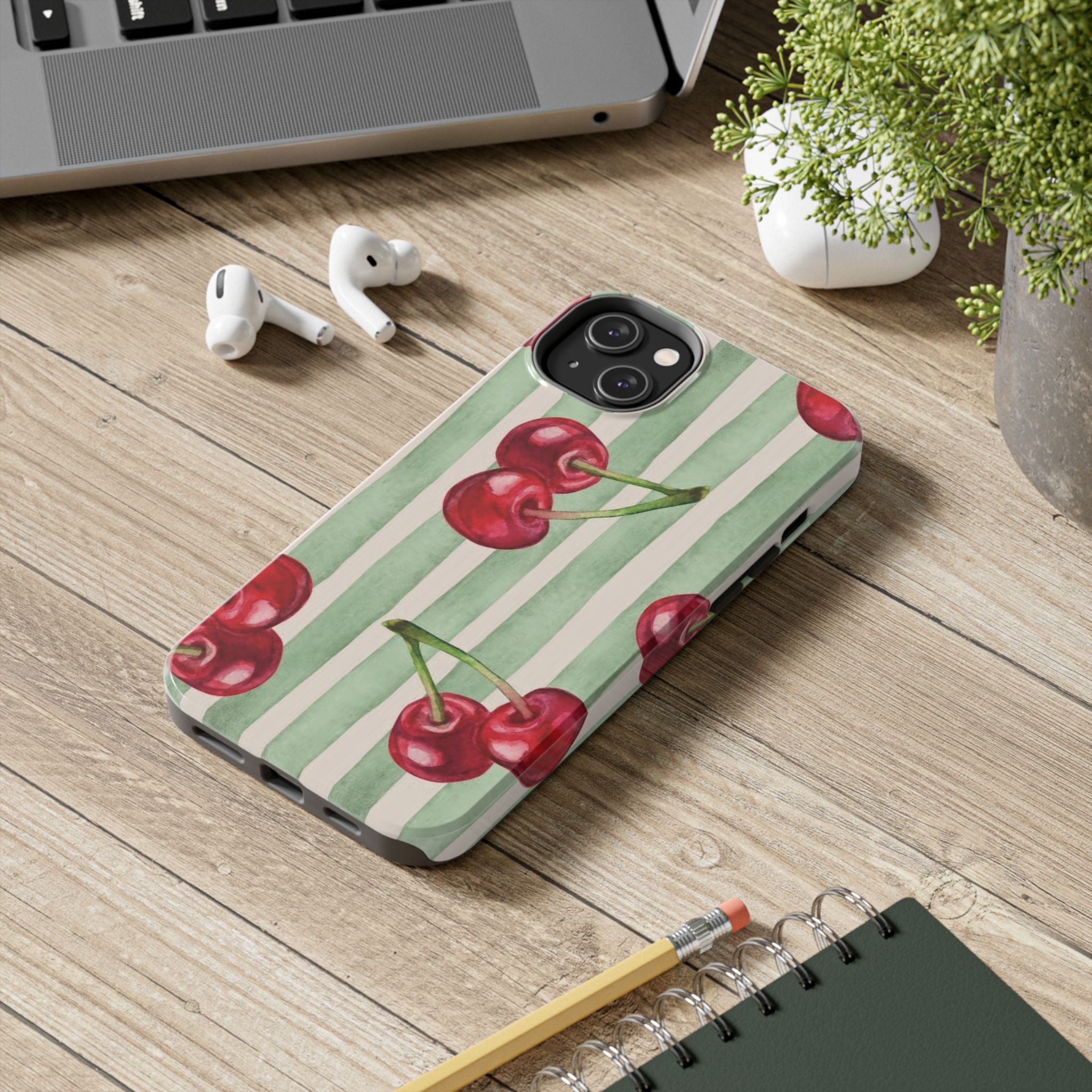 Cherry Stripe Tough Phone Case — Retro Watercolor Cherry Pattern Durable Phone Case
