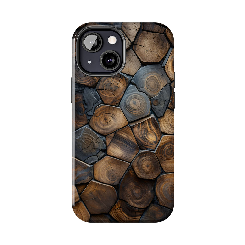 Woodgrain Hex Pattern Tough Phone Case — Rustic Log Cross-Section Design