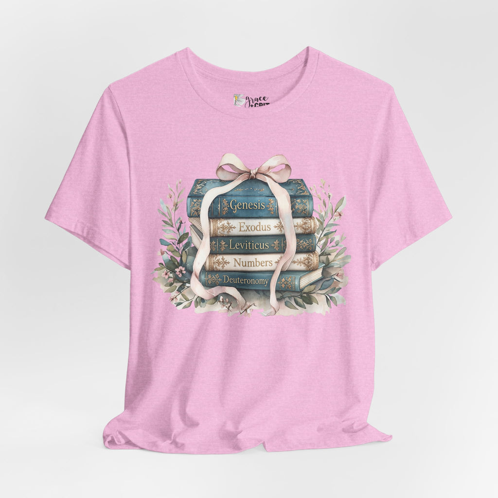 Biblical Books Stack T‑Shirt — Genesis Exodus Leviticus Numbers Design