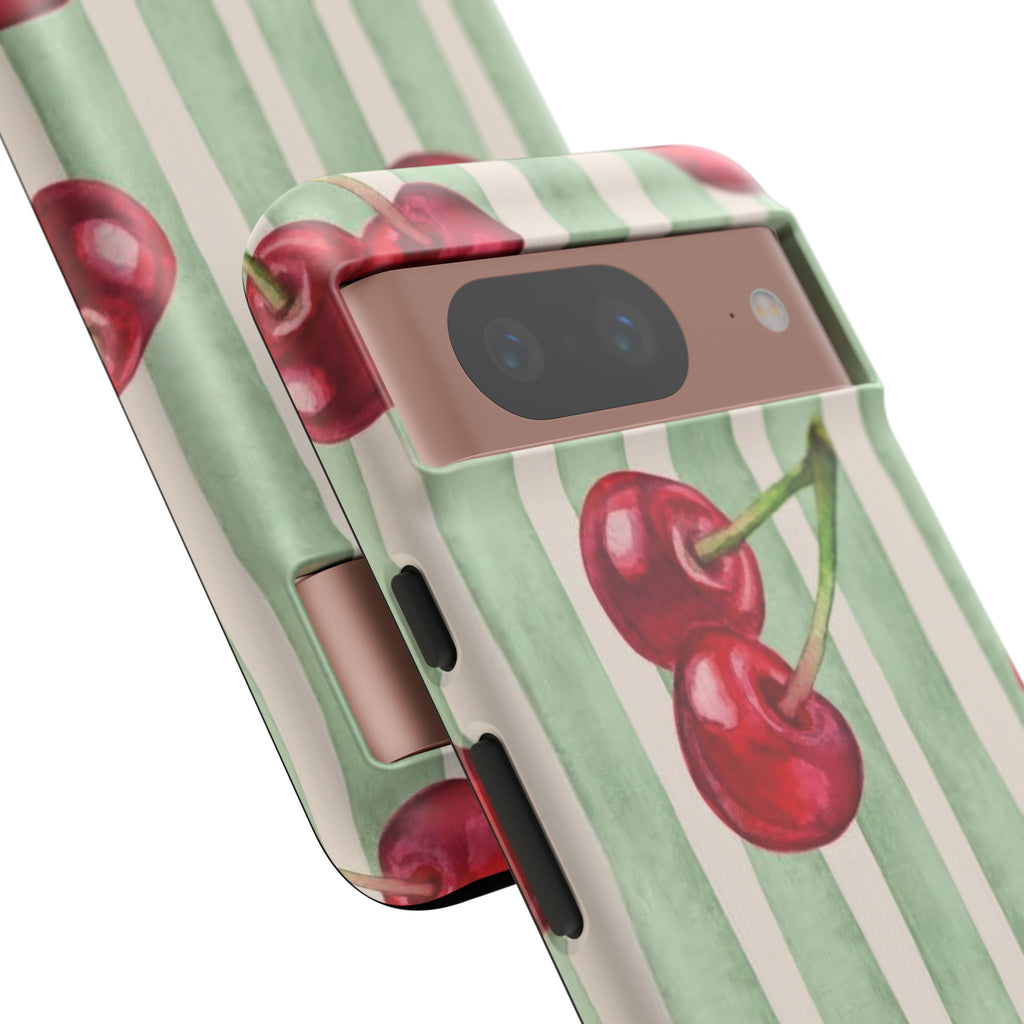 Cherry Stripe Phone Case – Retro Watercolor Cherries on Mint Stripes