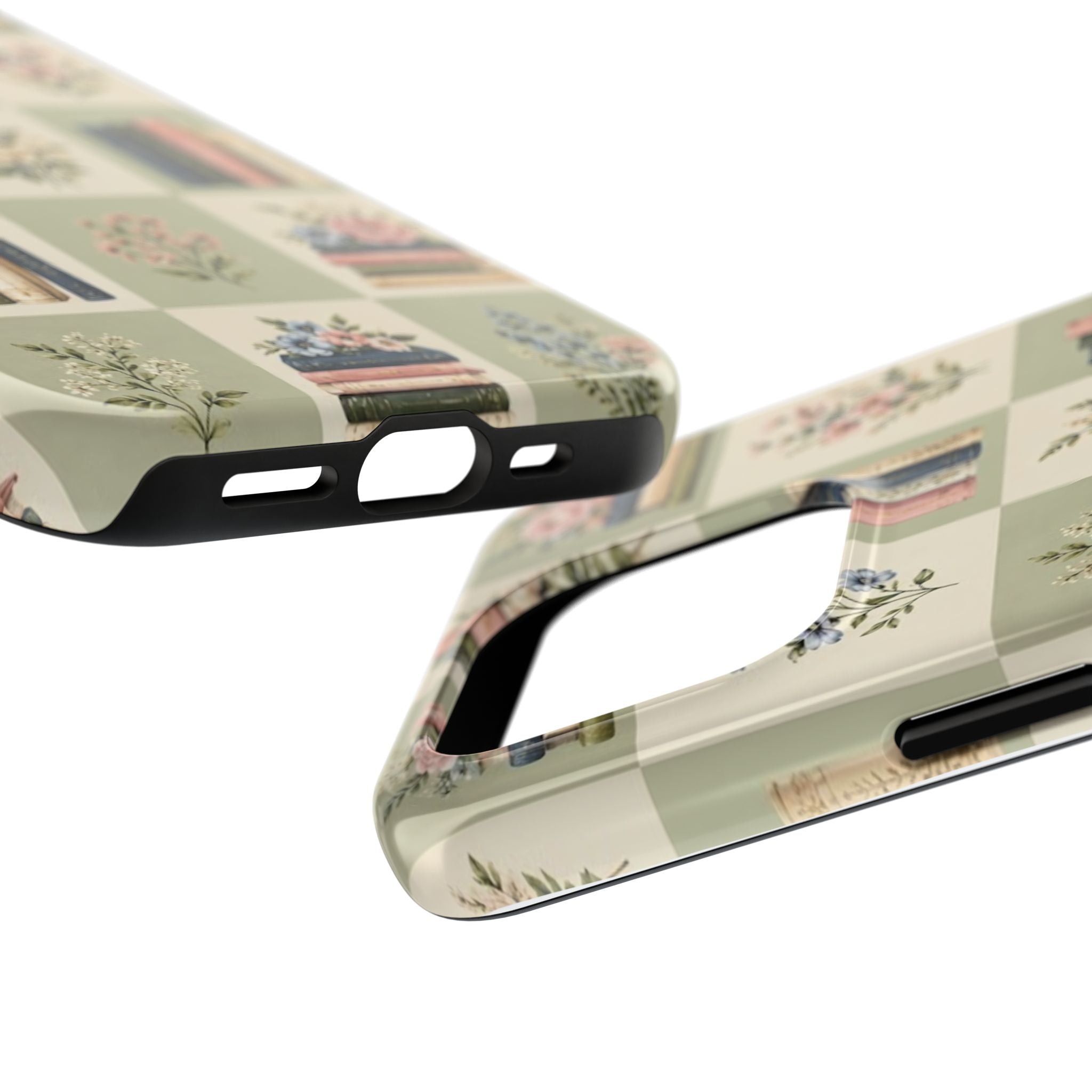 Floral Bookshelf Tough Phone Case — Vintage Floral & Stacked Books Pattern