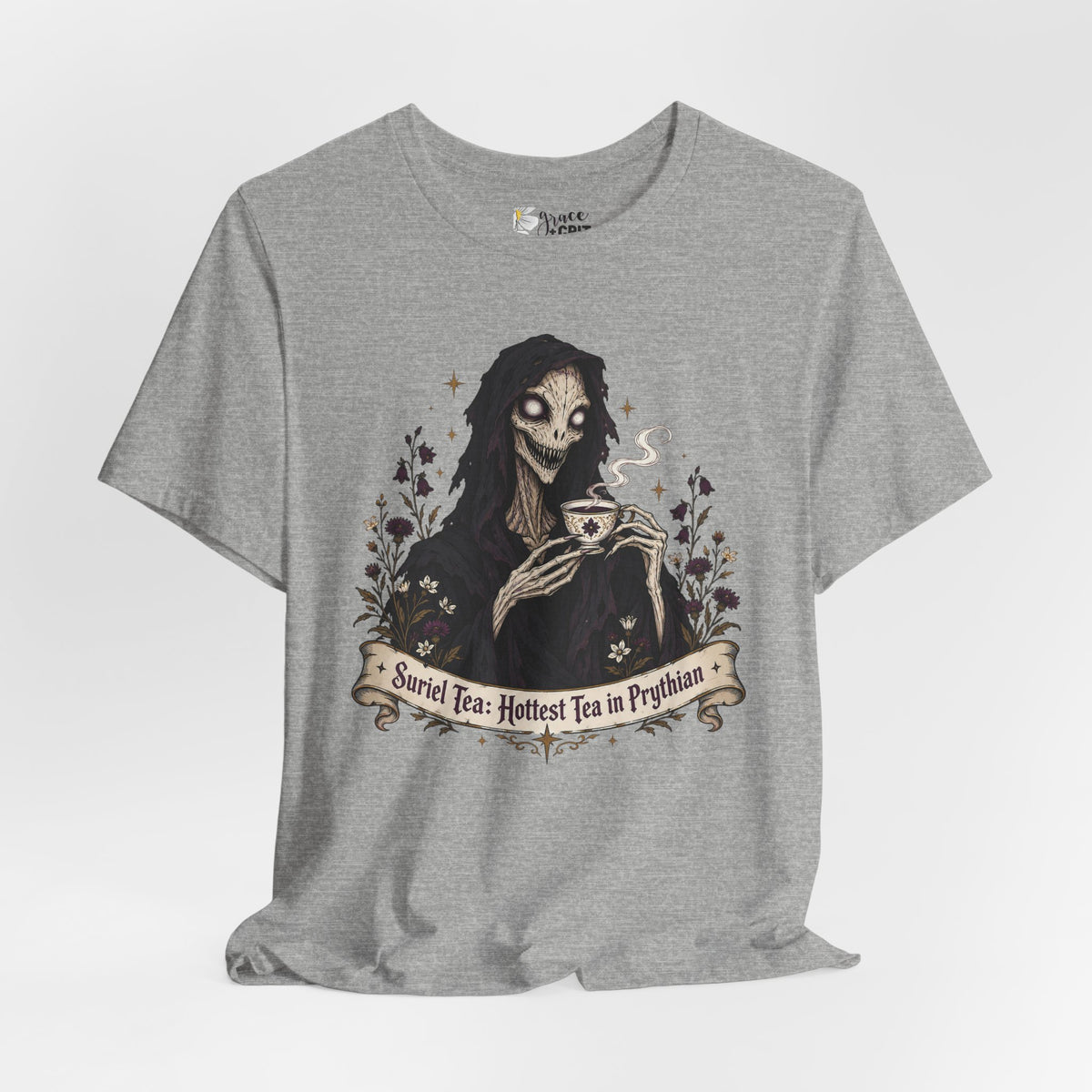 Gothic Reaper Tea T-Shirt — "Sorrel Tea: Hottest Tea in Purgatorium" Graphic Tee