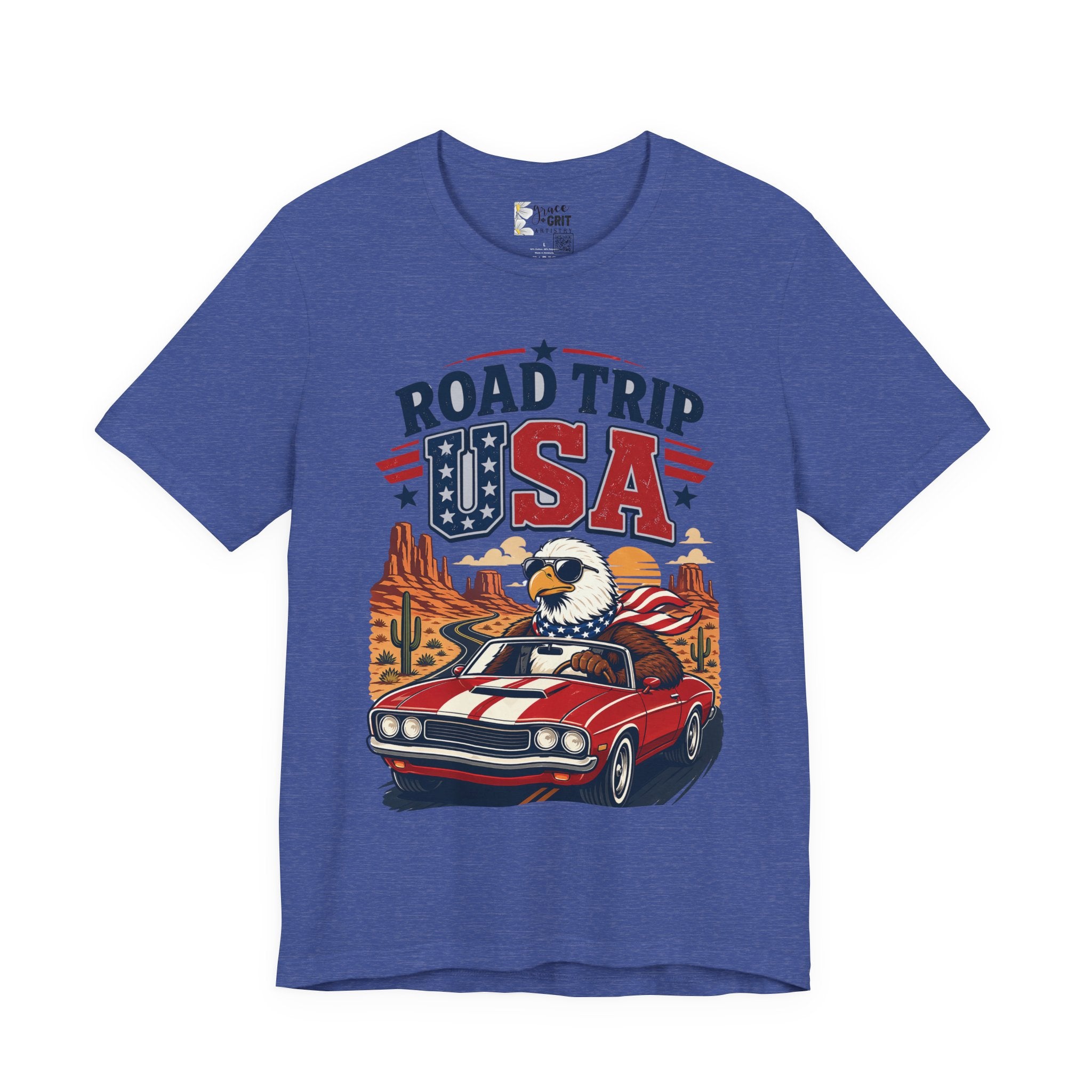 Road Trip USA Tee — Vintage Eagle & Muscle Car Patriotic T‑Shirt