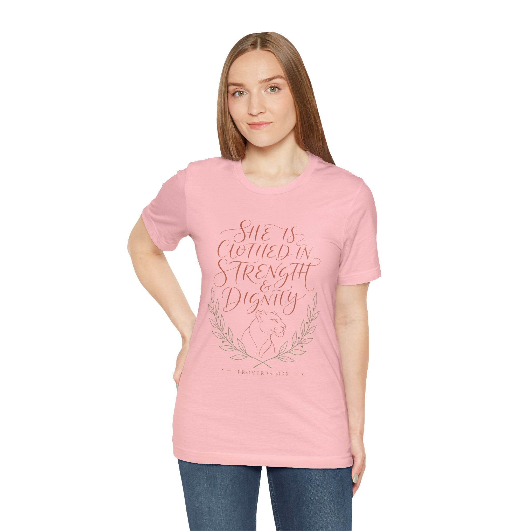 She Is Clothed in Strength & Dignity Tee — Inspirational Christian Women's Graphic T-Shirt