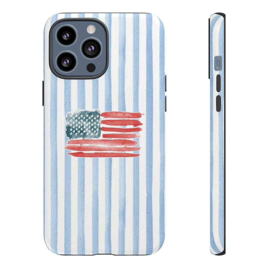 American Flag Watercolor Phone Case - Blue Stripe Tough Case