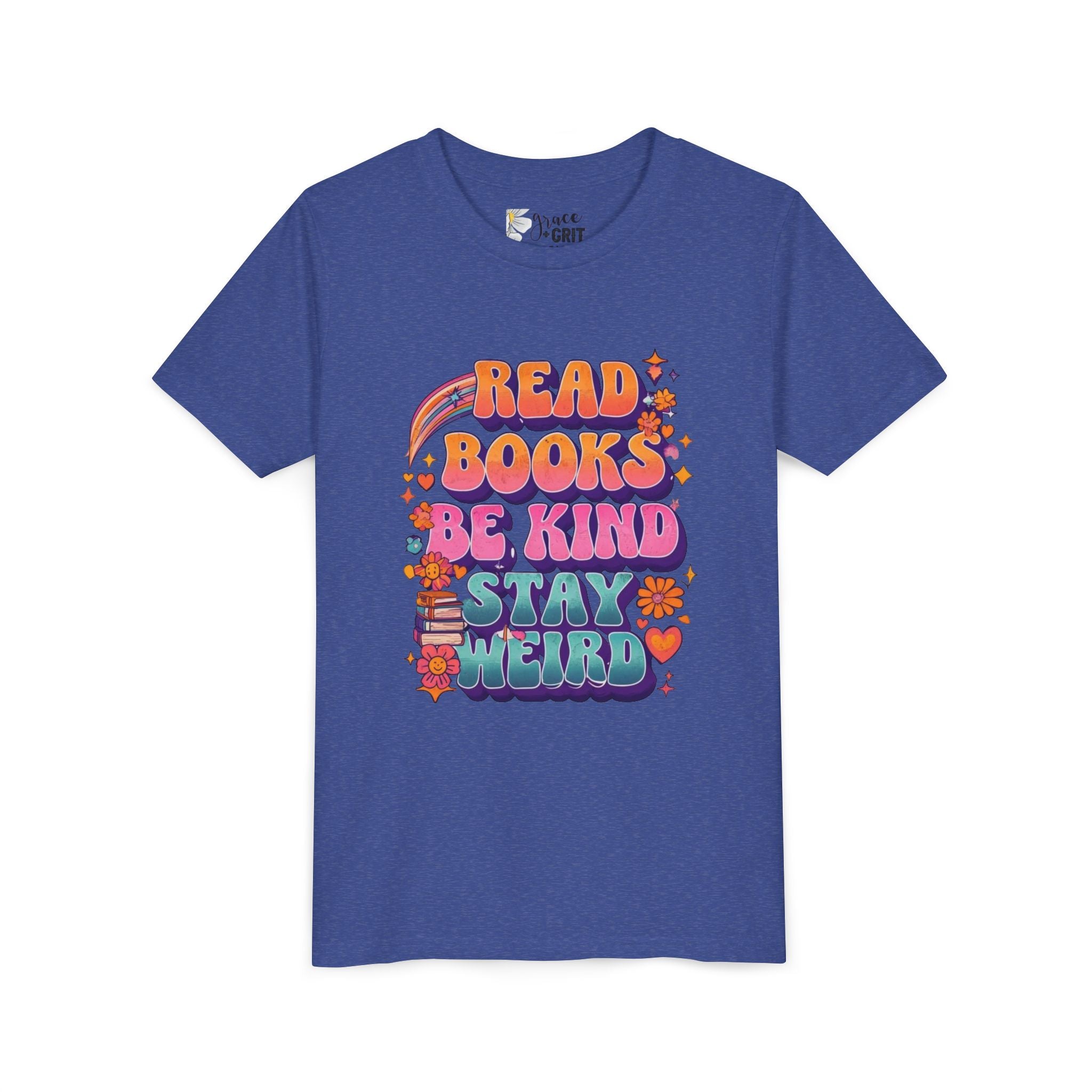 Youth Tee — "Read Books Be Kind Stay Weird" Retro Kids Graphic Shirt