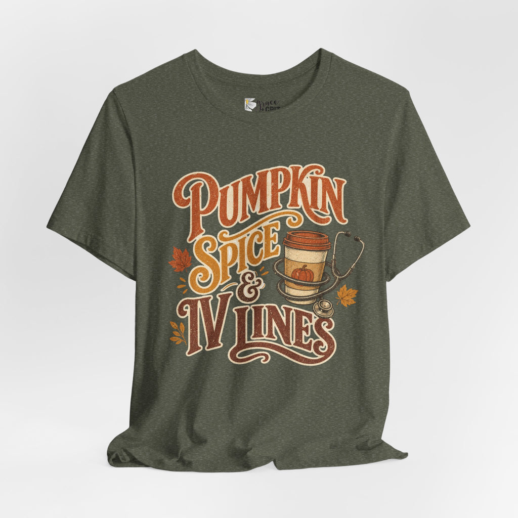Pumpkin Spice & Vines Tee — Fall Graphic Shirt for Wine Lovers