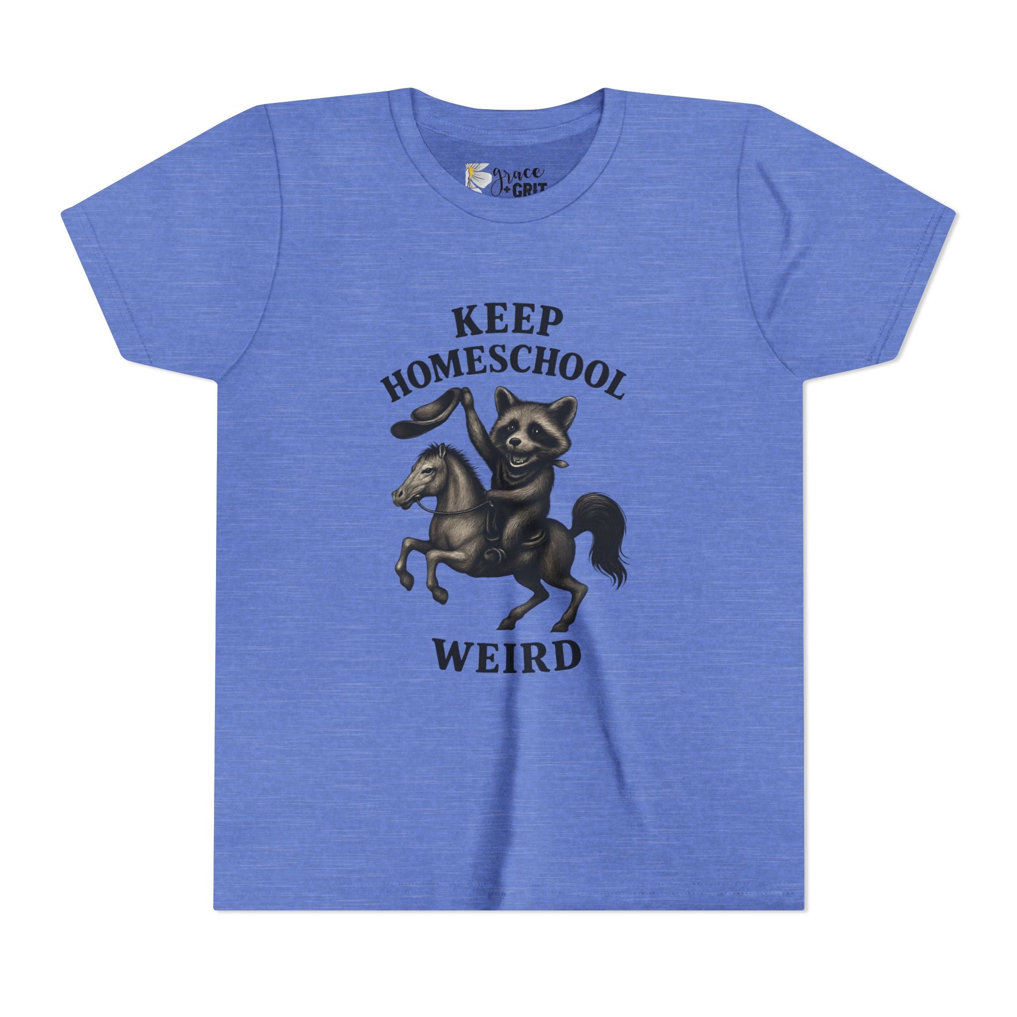 Keep Homeschool Weird Youth Tee | Raccoon Riding Horse Illustration