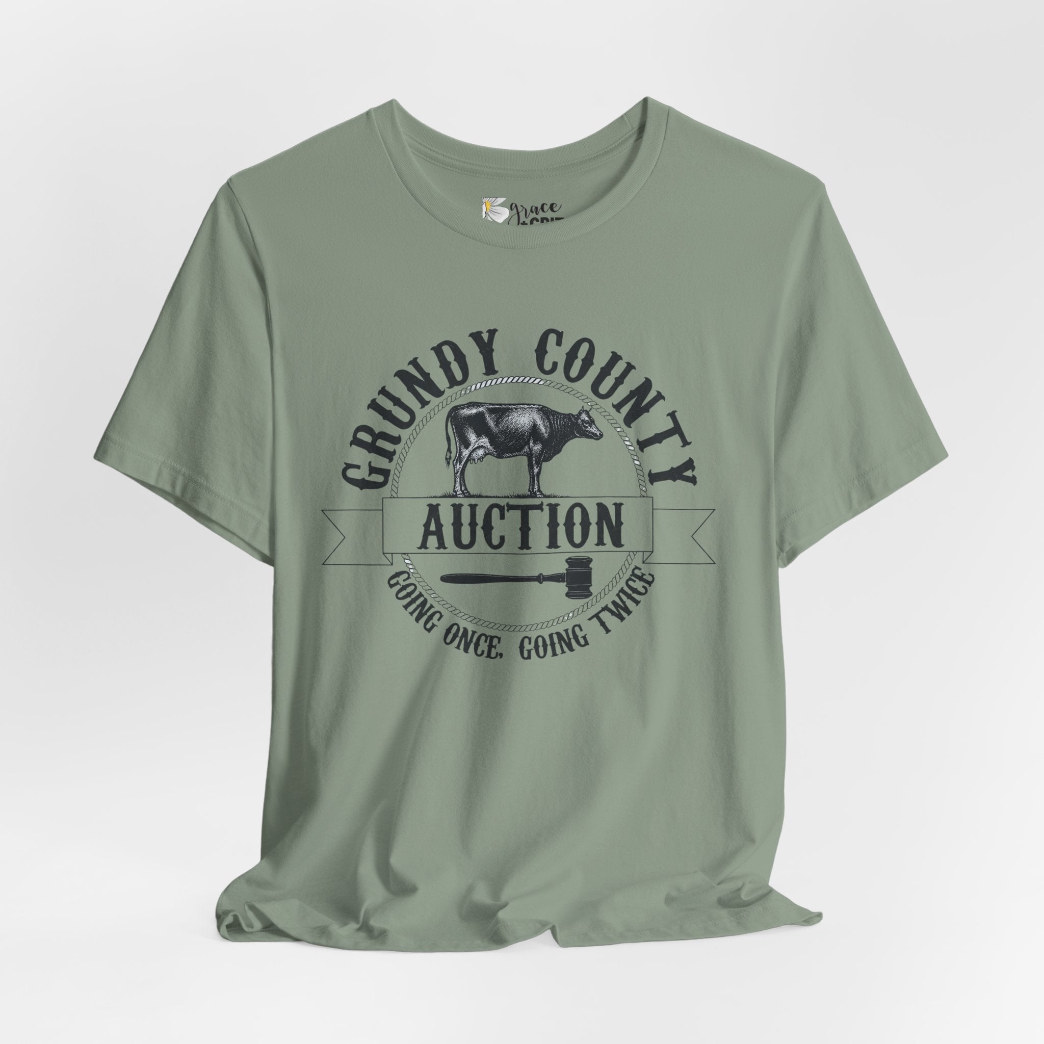 Grundy County Auction Tee — 'Going Once, Going Twice' Farm Livestock Graphic T‑Shirt