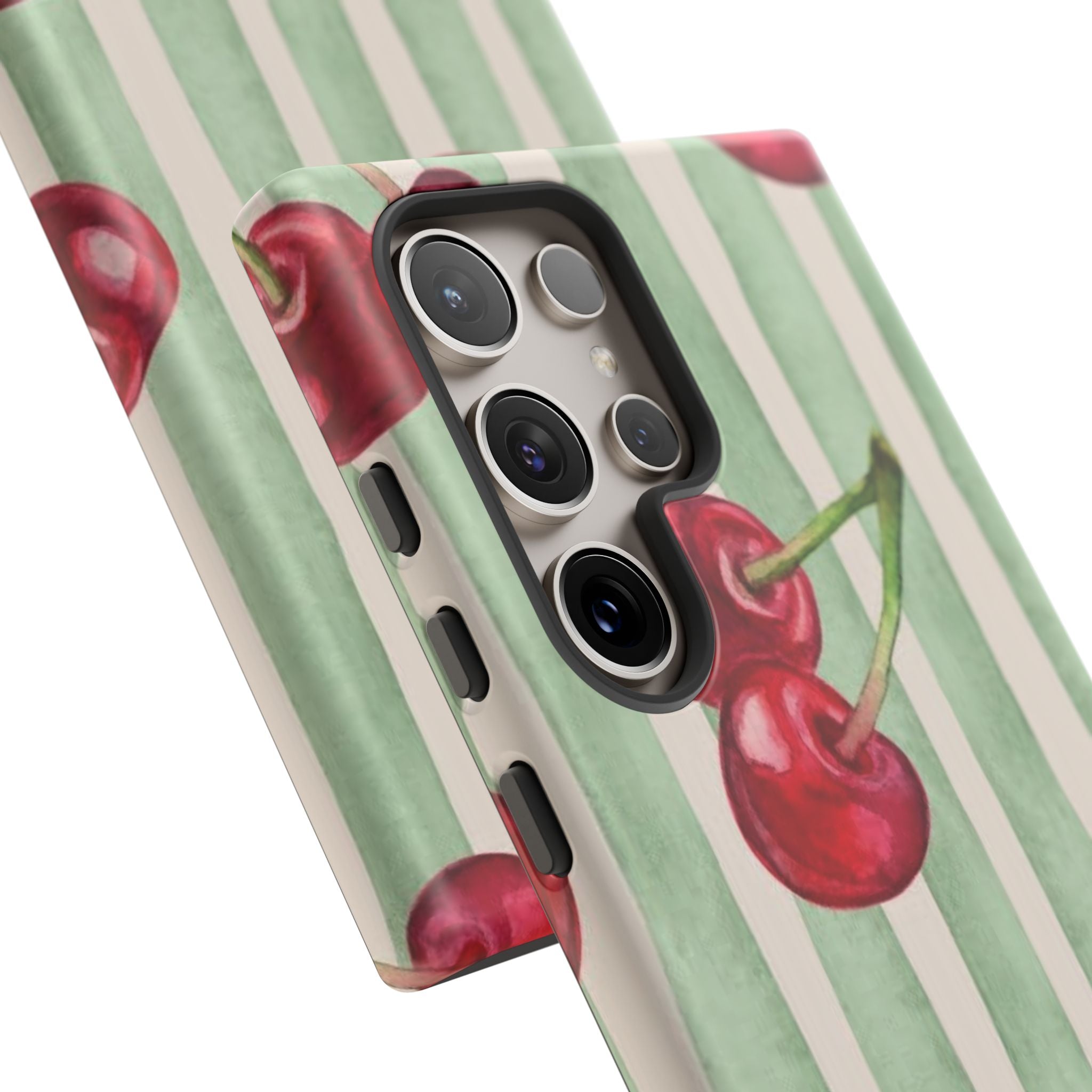 Cherry Stripe Phone Case – Retro Watercolor Cherries on Mint Stripes
