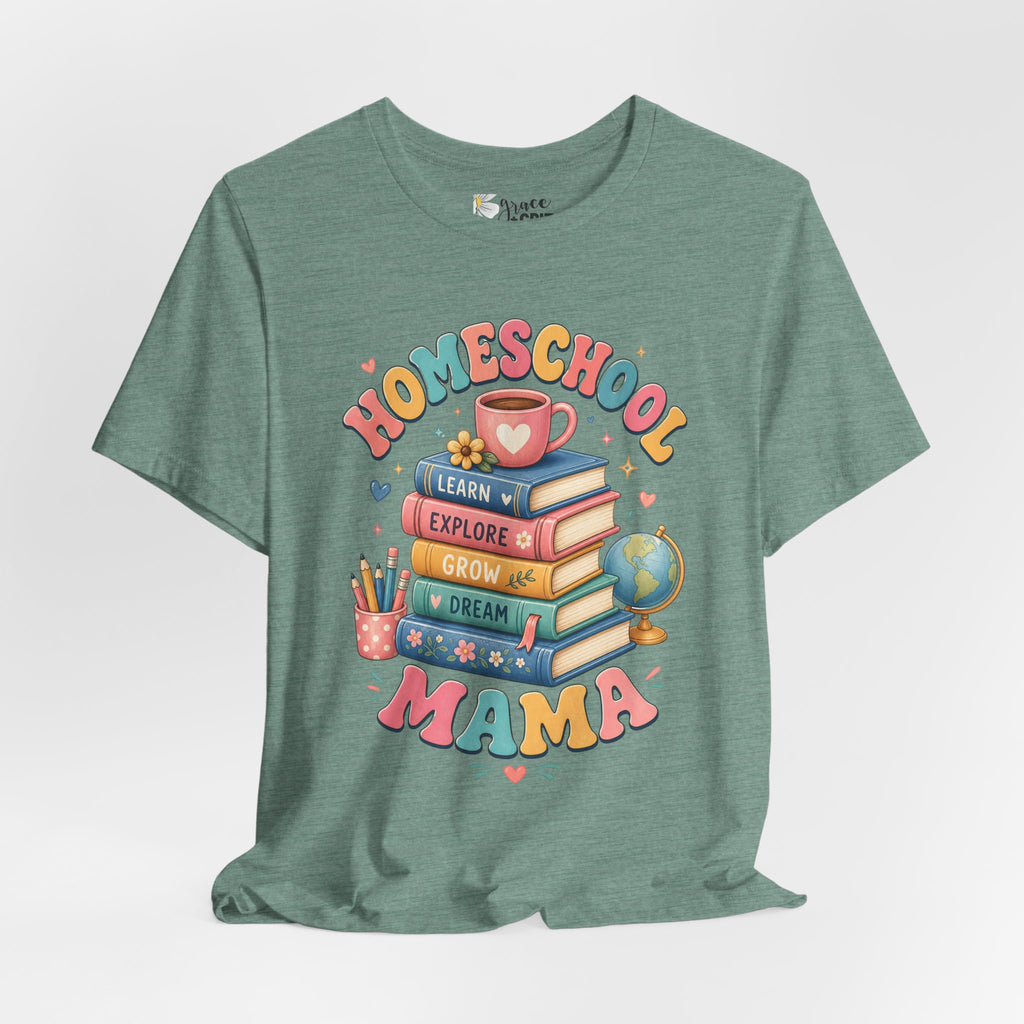Homeschool Mama T-Shirt – Colorful Stacked Books Design