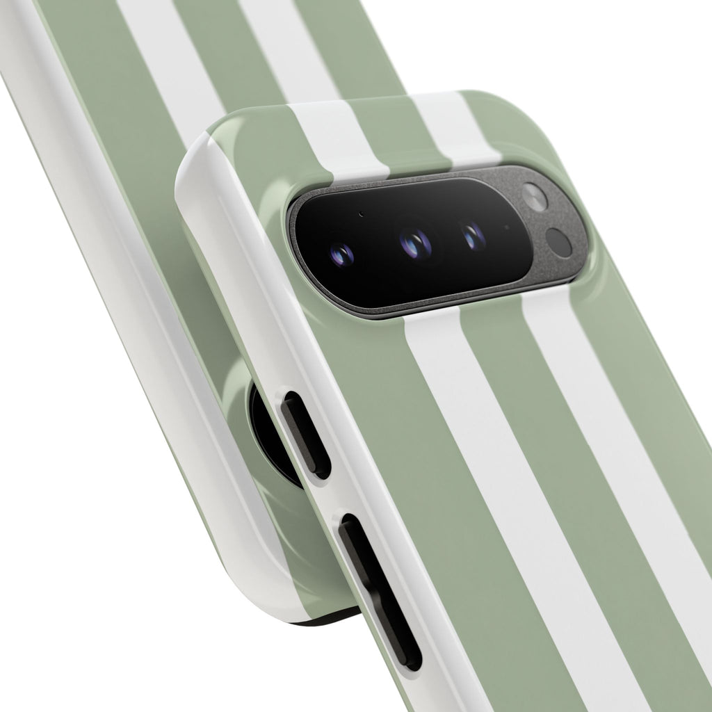 Striped Sage Tough Phone Case — Durable Green & White Vertical Stripe Phone Cover