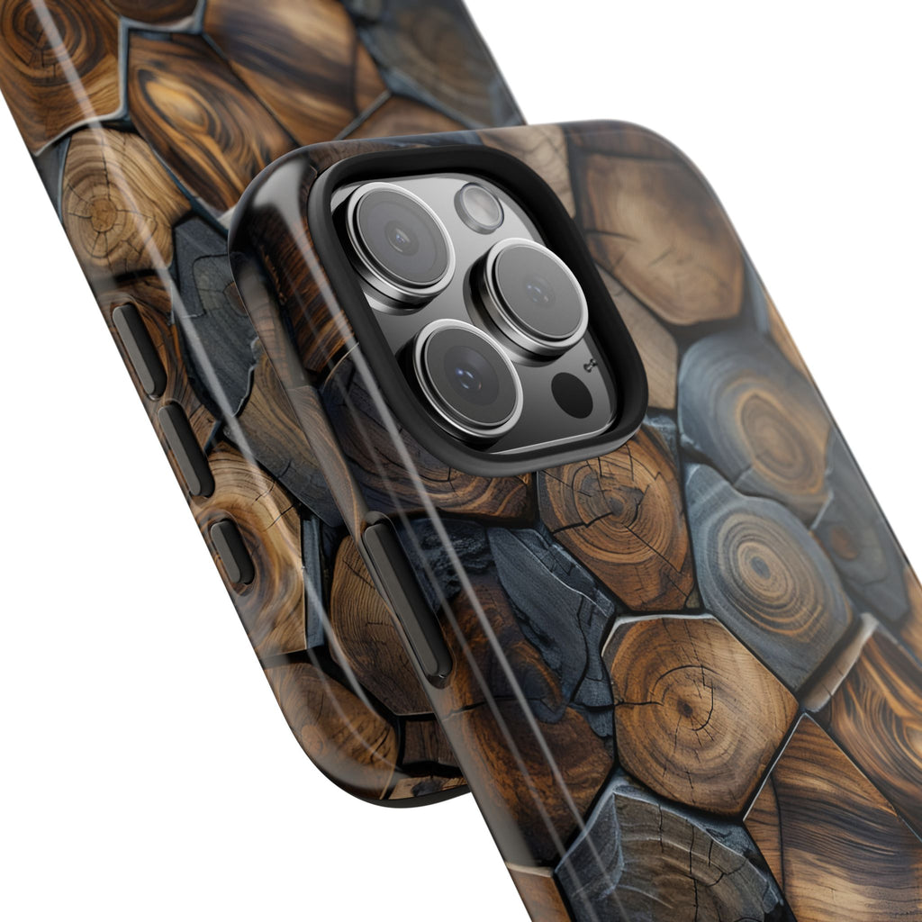 Woodgrain Hex Pattern Tough Phone Case — Rustic Log Cross-Section Design