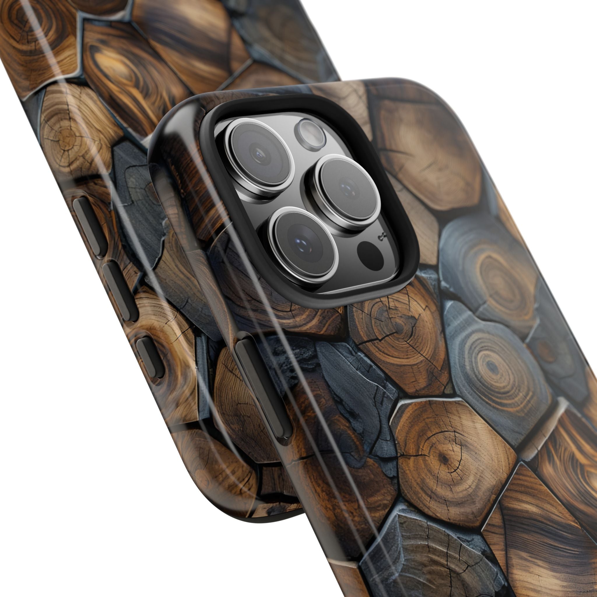 Woodgrain Hex Pattern Tough Phone Case — Rustic Log Cross-Section Design