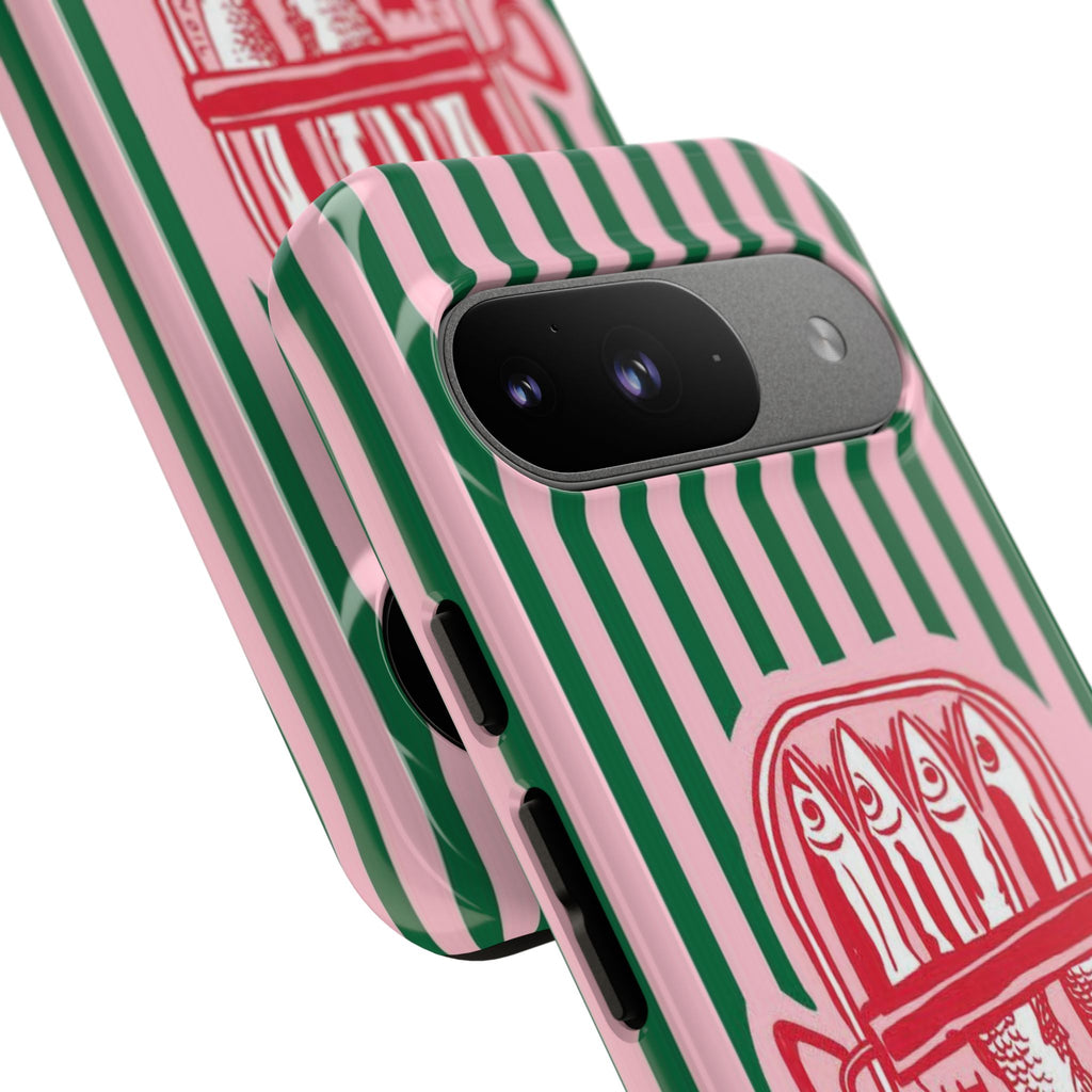 Sardine Stripe Phone Case — Retro Pink & Green Nautical Protection