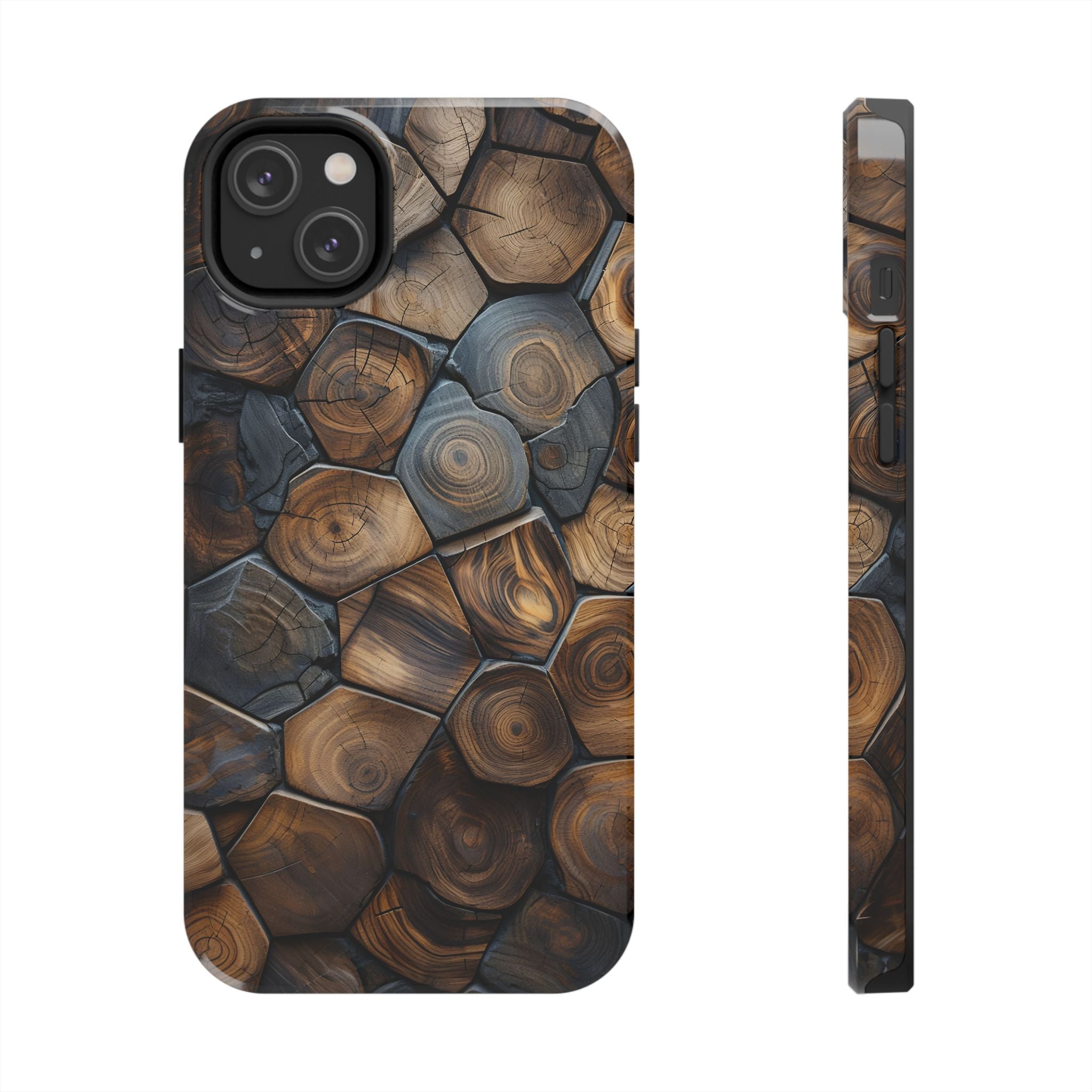Woodgrain Hex Pattern Tough Phone Case — Rustic Log Cross-Section Design