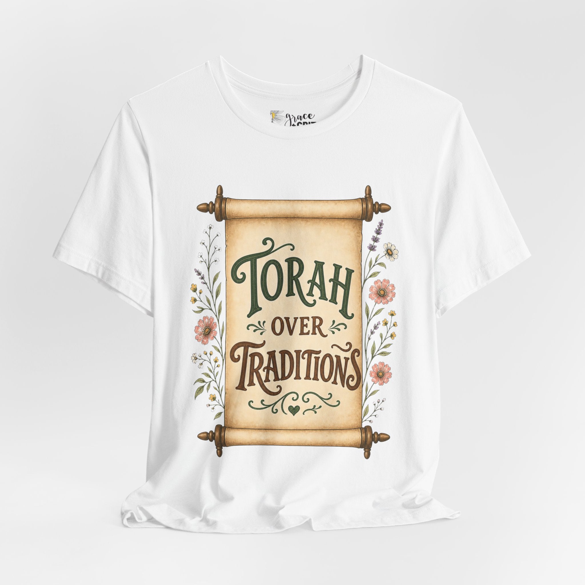 Torah Over Traditions T-Shirt — Vintage Scroll Floral Jewish Pride Tee