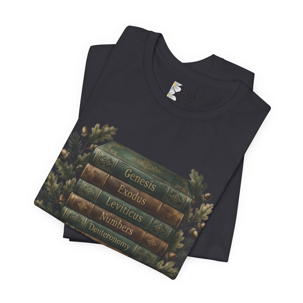 Bible Verse Stack T-Shirt — Genesis Exodus Leviticus Numbers Deuteronomy Floral Graphic