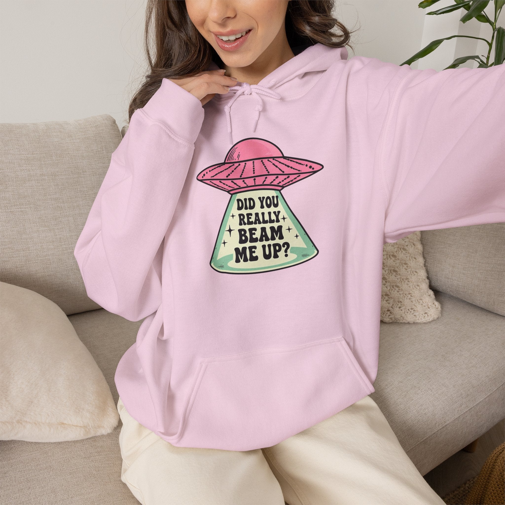 Alien UFO Hoodie — "Did You Really Beam Me Up?" Cute Retro Graphic Sweatshirt