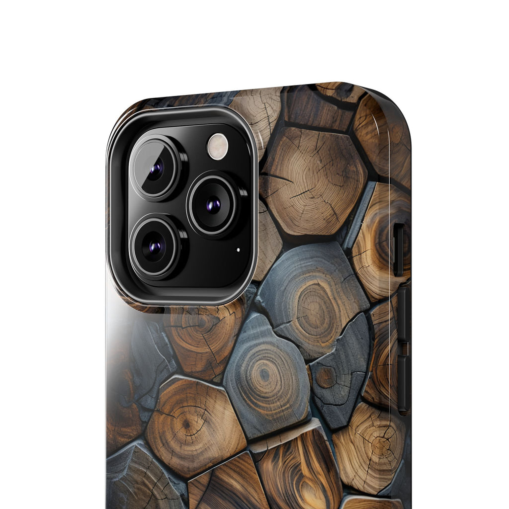 Woodgrain Hex Pattern Tough Phone Case — Rustic Log Cross-Section Design