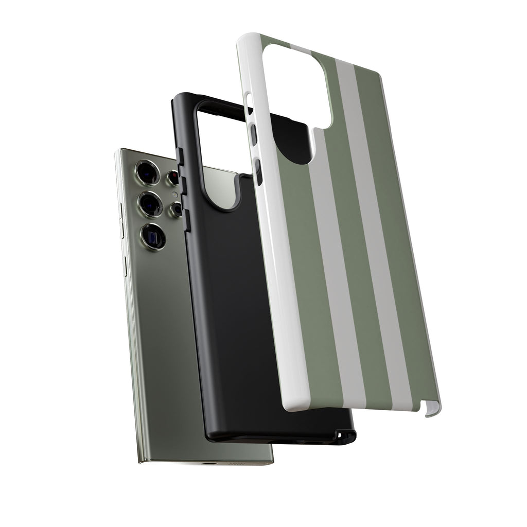 Striped Sage Tough Phone Case — Durable Green & White Vertical Stripe Phone Cover