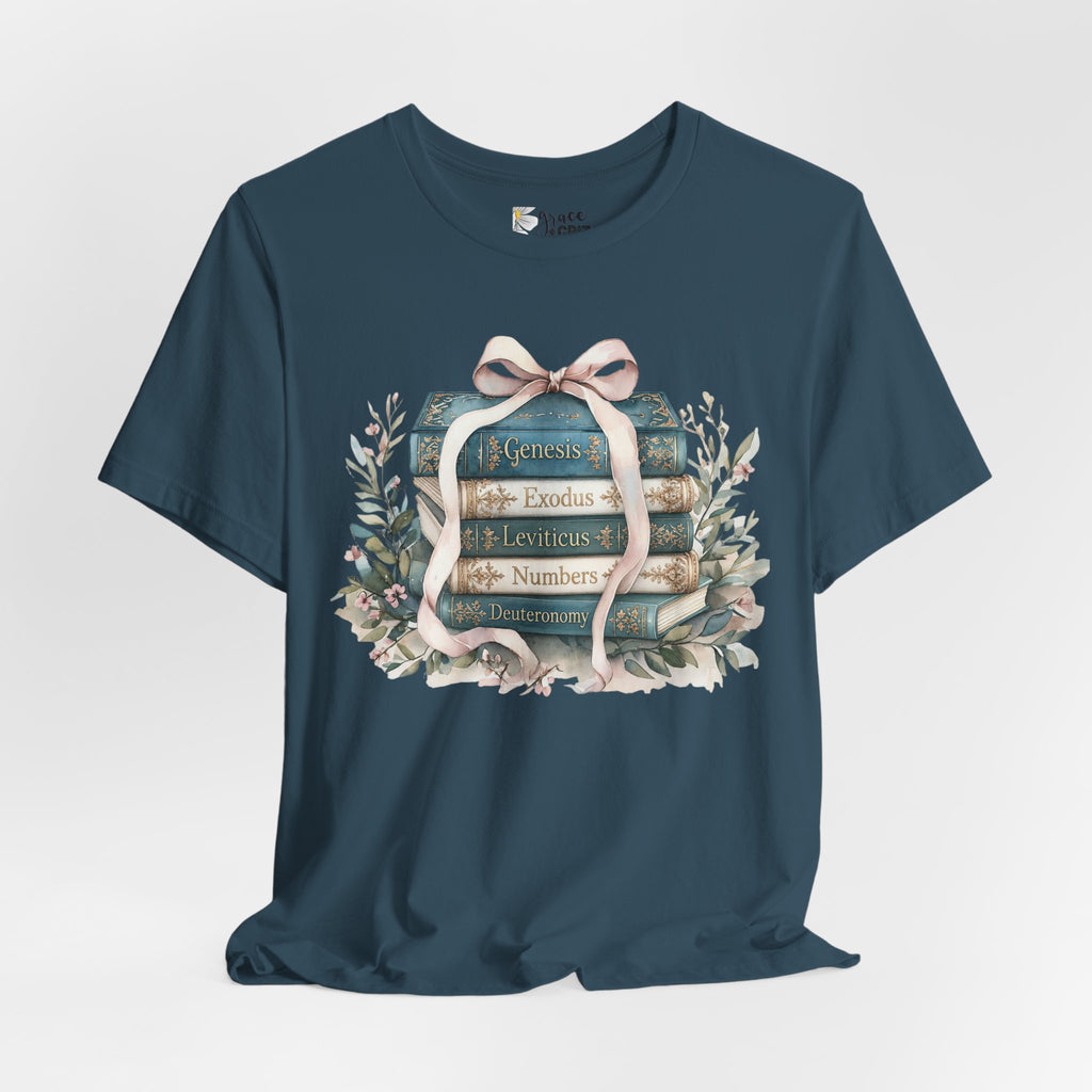 Biblical Books Stack T‑Shirt — Genesis Exodus Leviticus Numbers Design