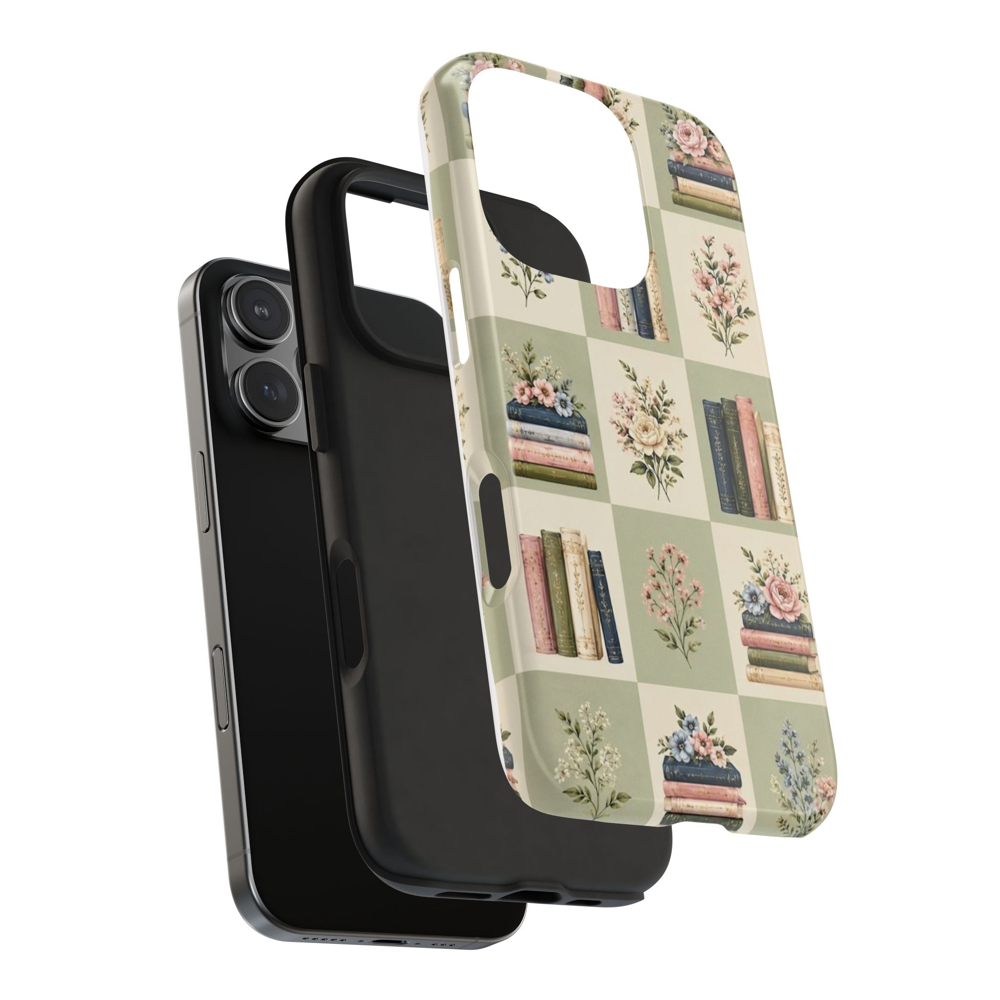 Floral Bookshelf Tough Phone Case — Vintage Floral & Stacked Books Pattern