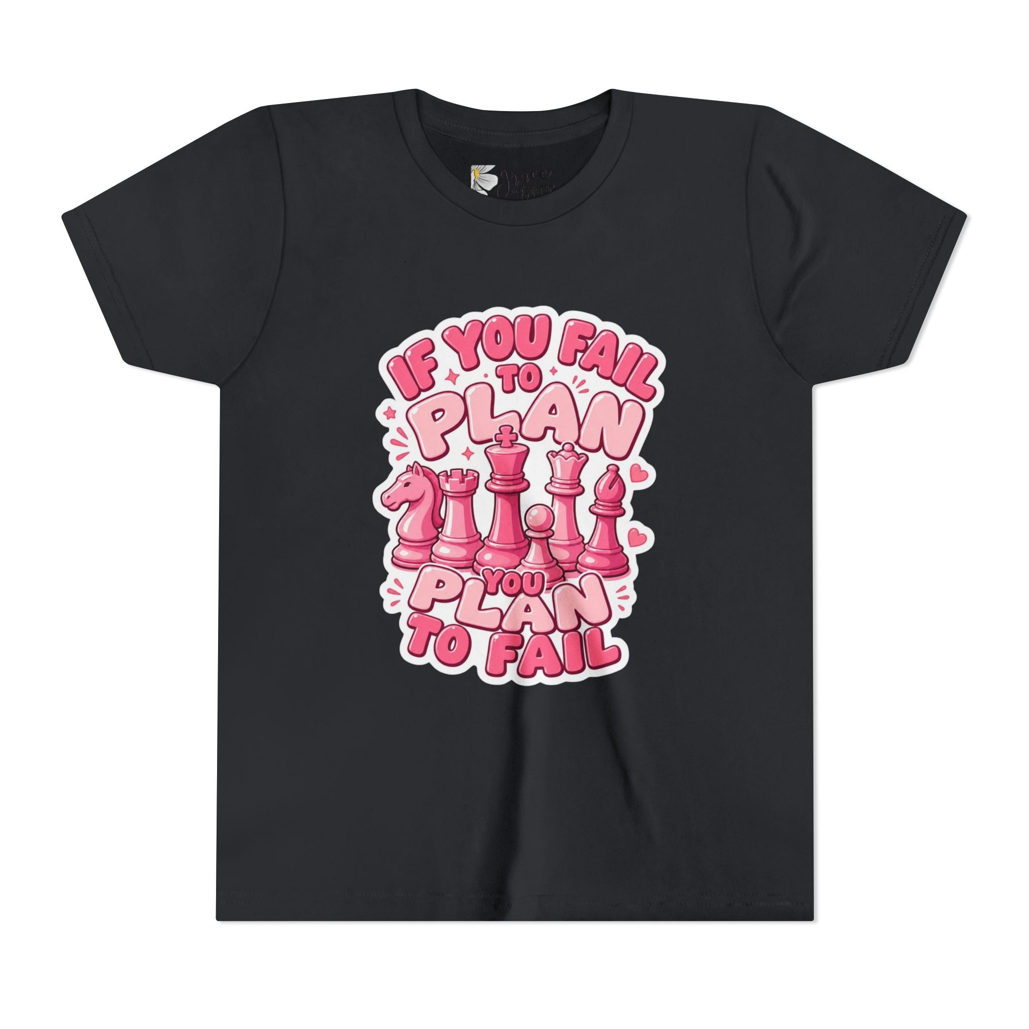 Youth Chess T‑Shirt — "If You Fail to Plan You Plan to Fail" Pink Chess Pieces Tee