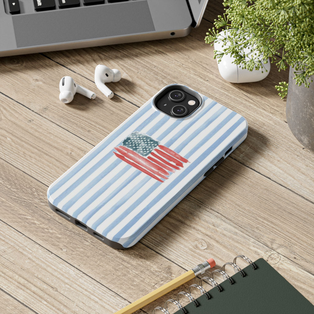 American Flag Watercolor Tough Phone Case — Blue Striped Patriotic Phone Case