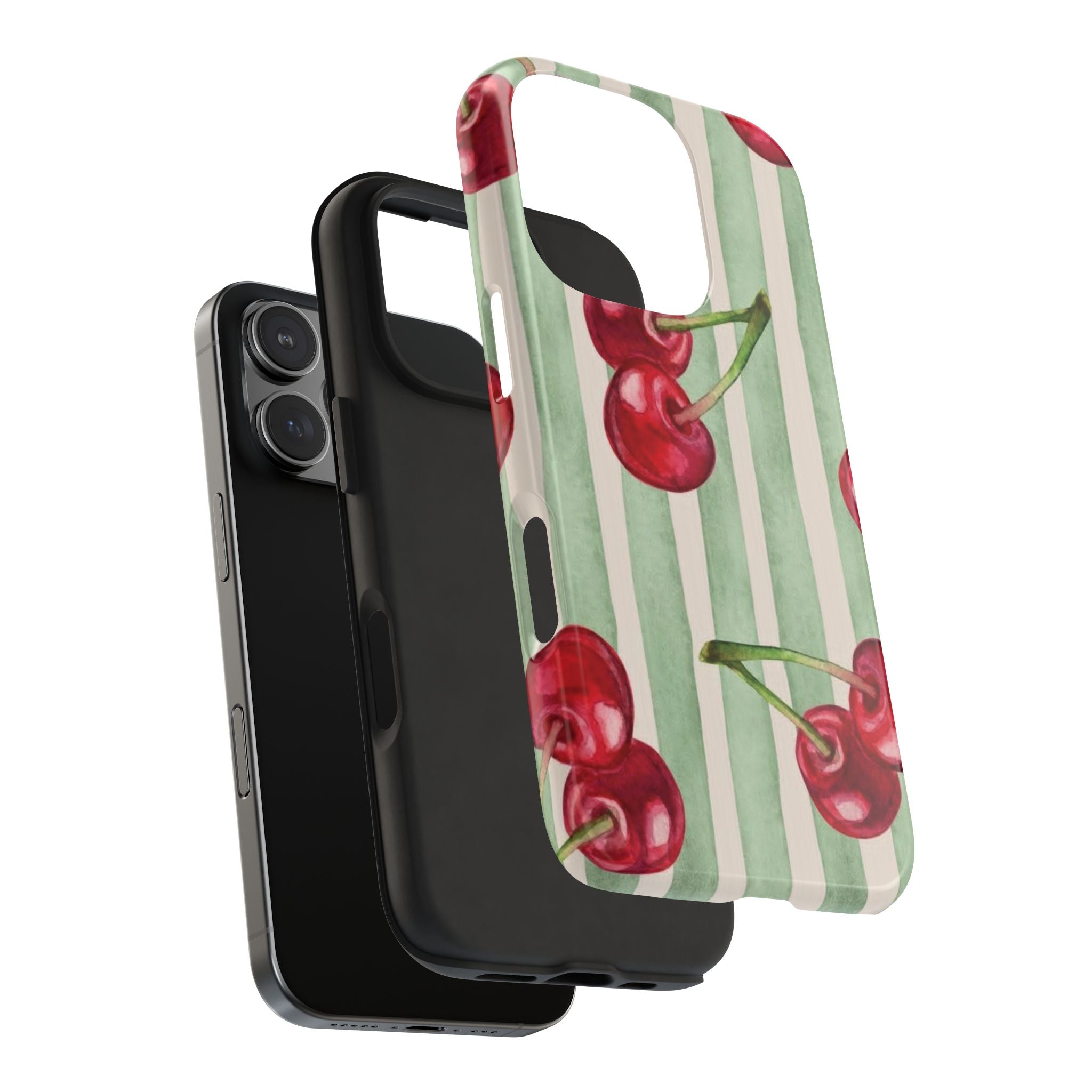 Cherry Stripe Tough Phone Case — Retro Watercolor Cherry Pattern Durable Phone Case