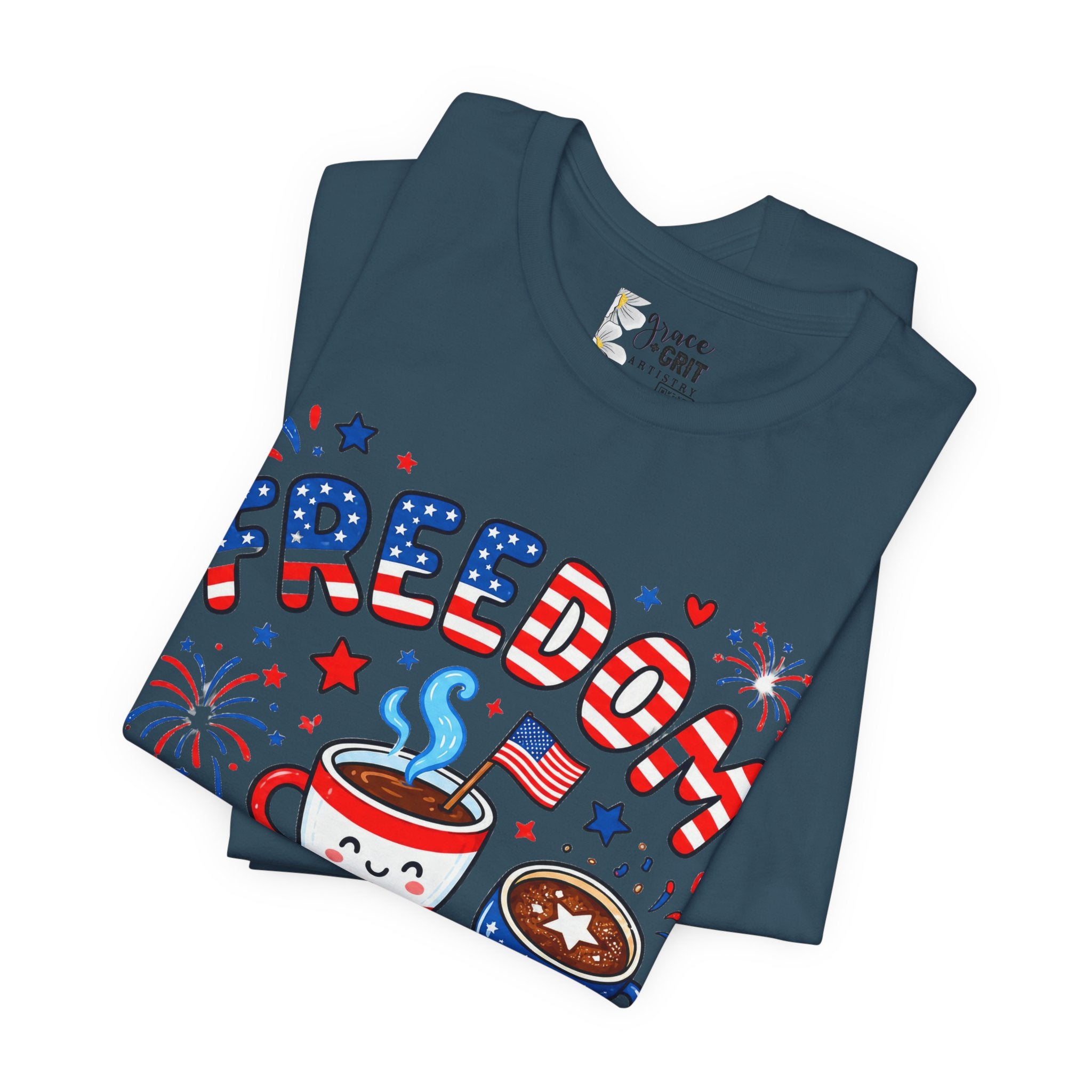 Freedom Fueled By Caffeine T-Shirt — Patriotic Coffee Tee