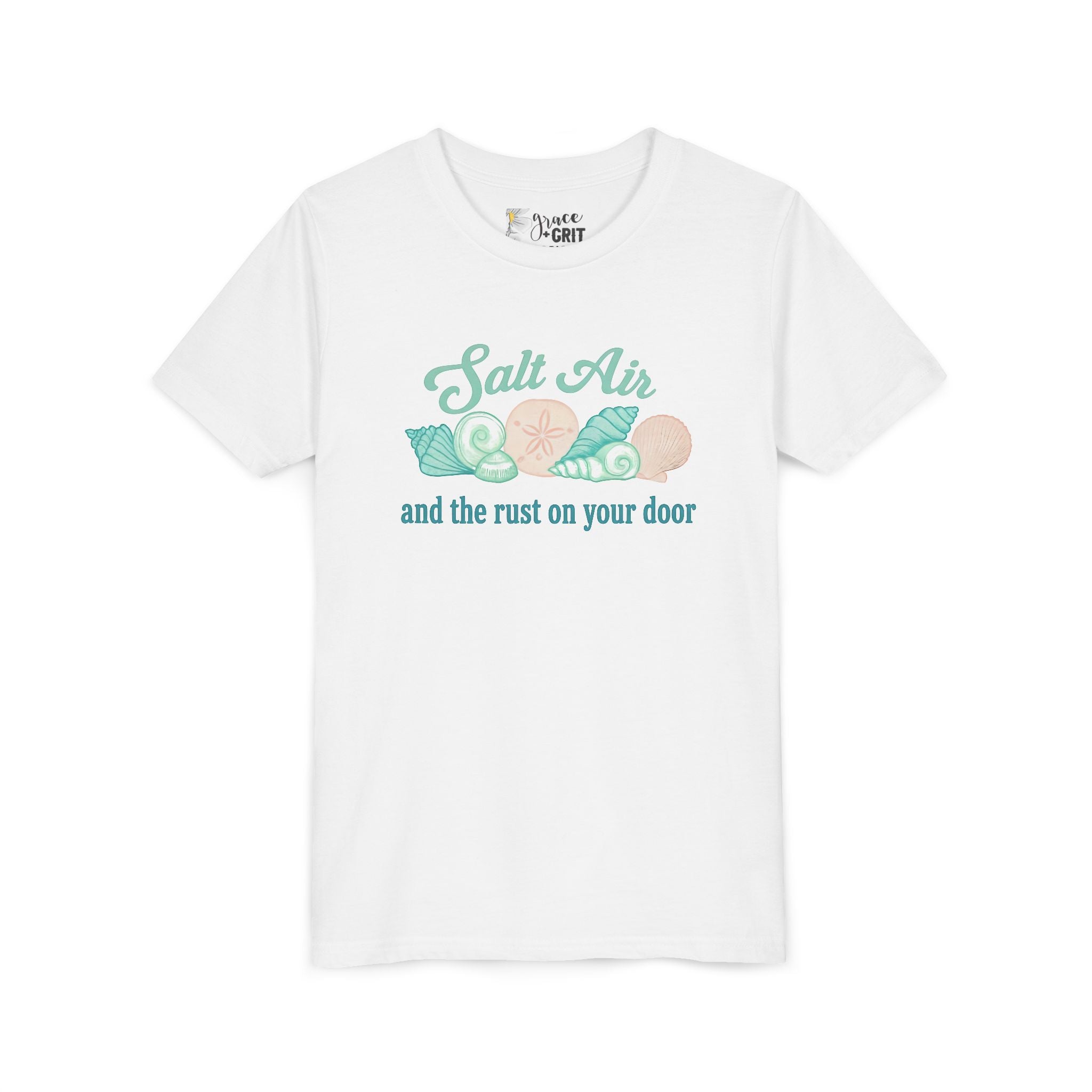 Salt Air seashells and the rust on your door Youth Tee | beach coastal design