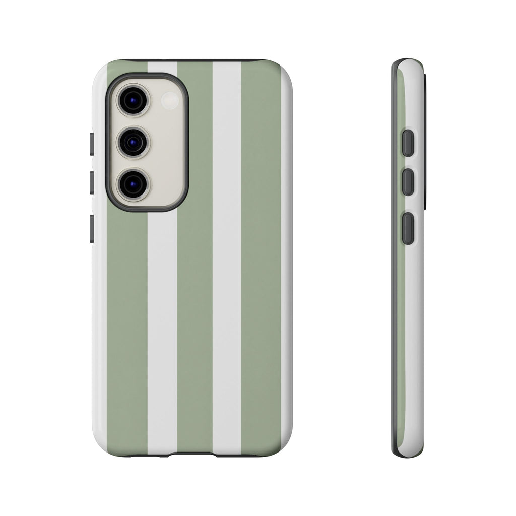 Striped Sage Tough Phone Case — Durable Green & White Vertical Stripe Phone Cover