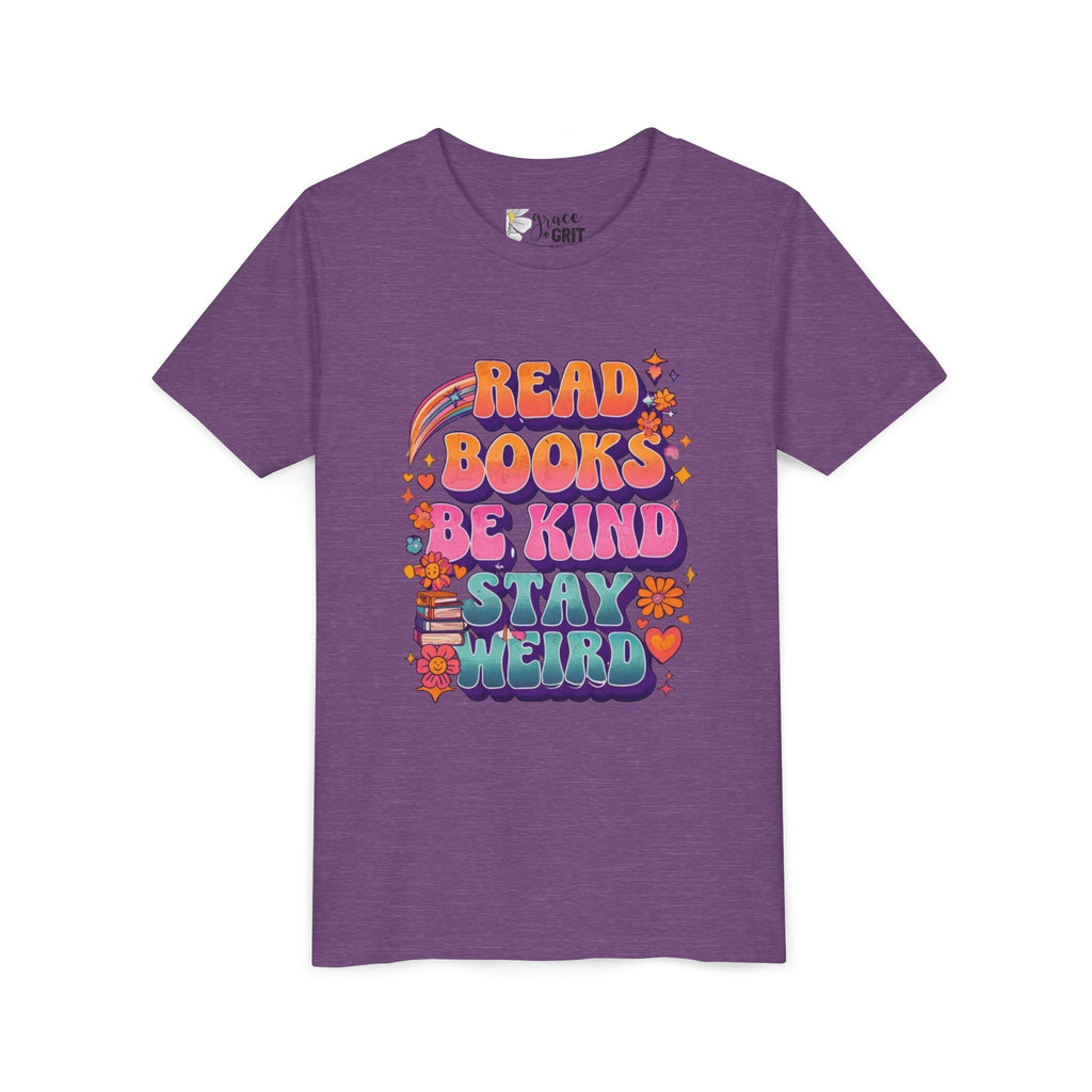 Youth Tee — "Read Books Be Kind Stay Weird" Retro Kids Graphic Shirt