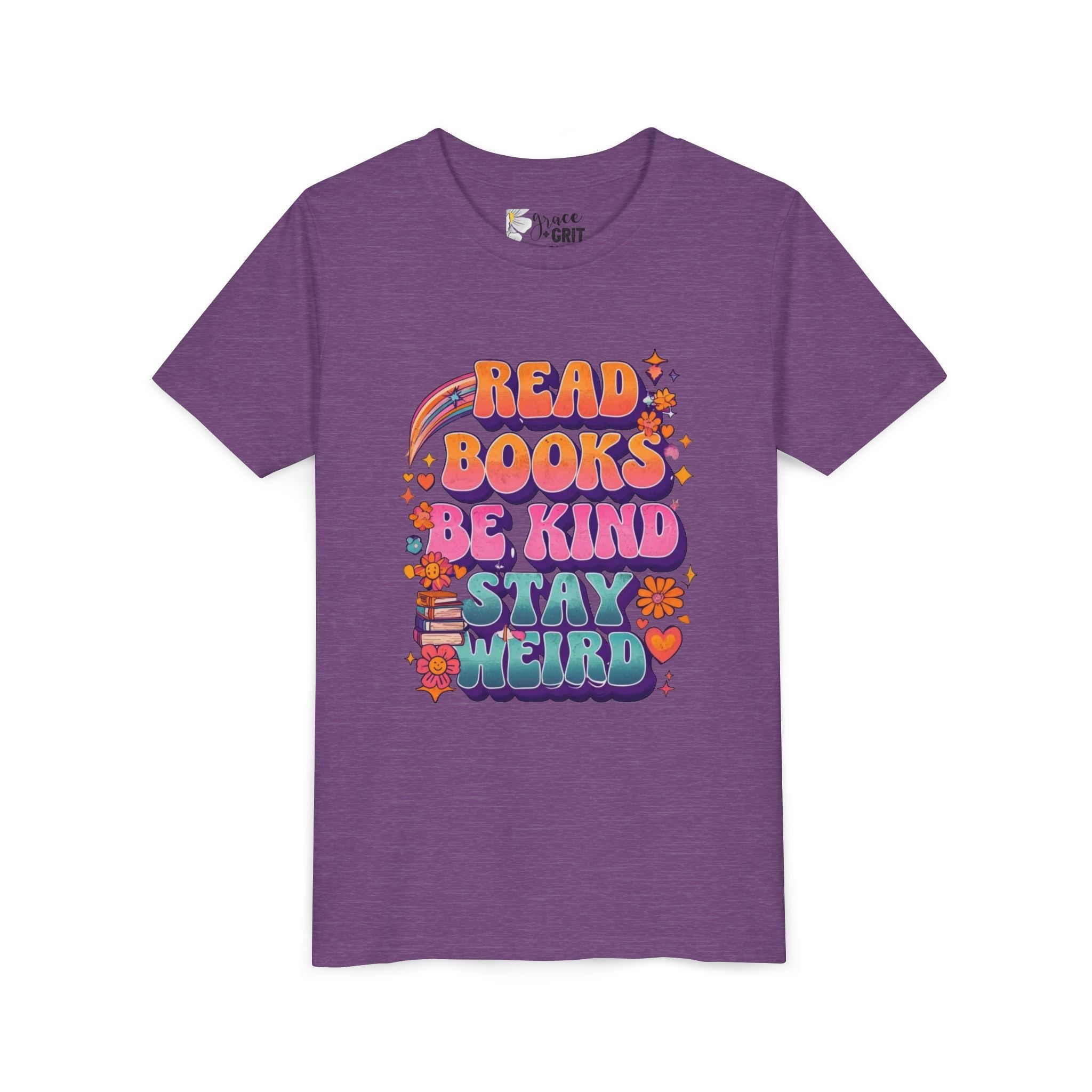 Youth Tee — "Read Books Be Kind Stay Weird" Retro Kids Graphic Shirt