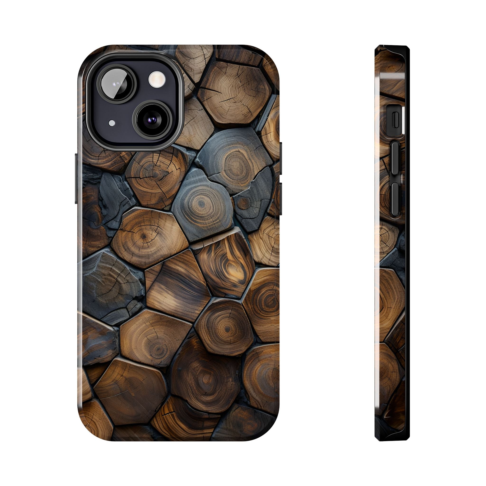 Woodgrain Hex Pattern Tough Phone Case — Rustic Log Cross-Section Design