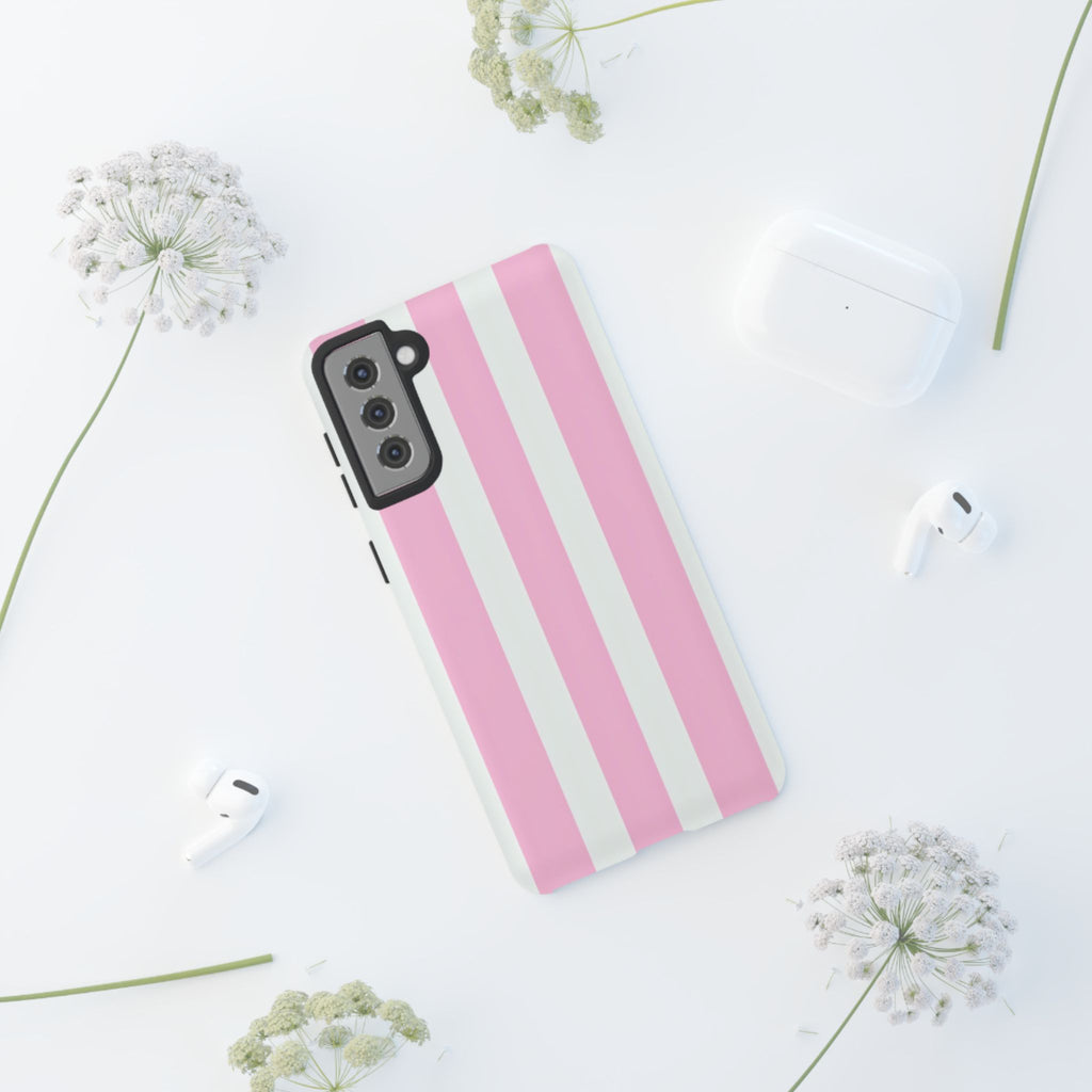 Pink & White Striped Tough Phone Case — Durable Protective Phone Cover