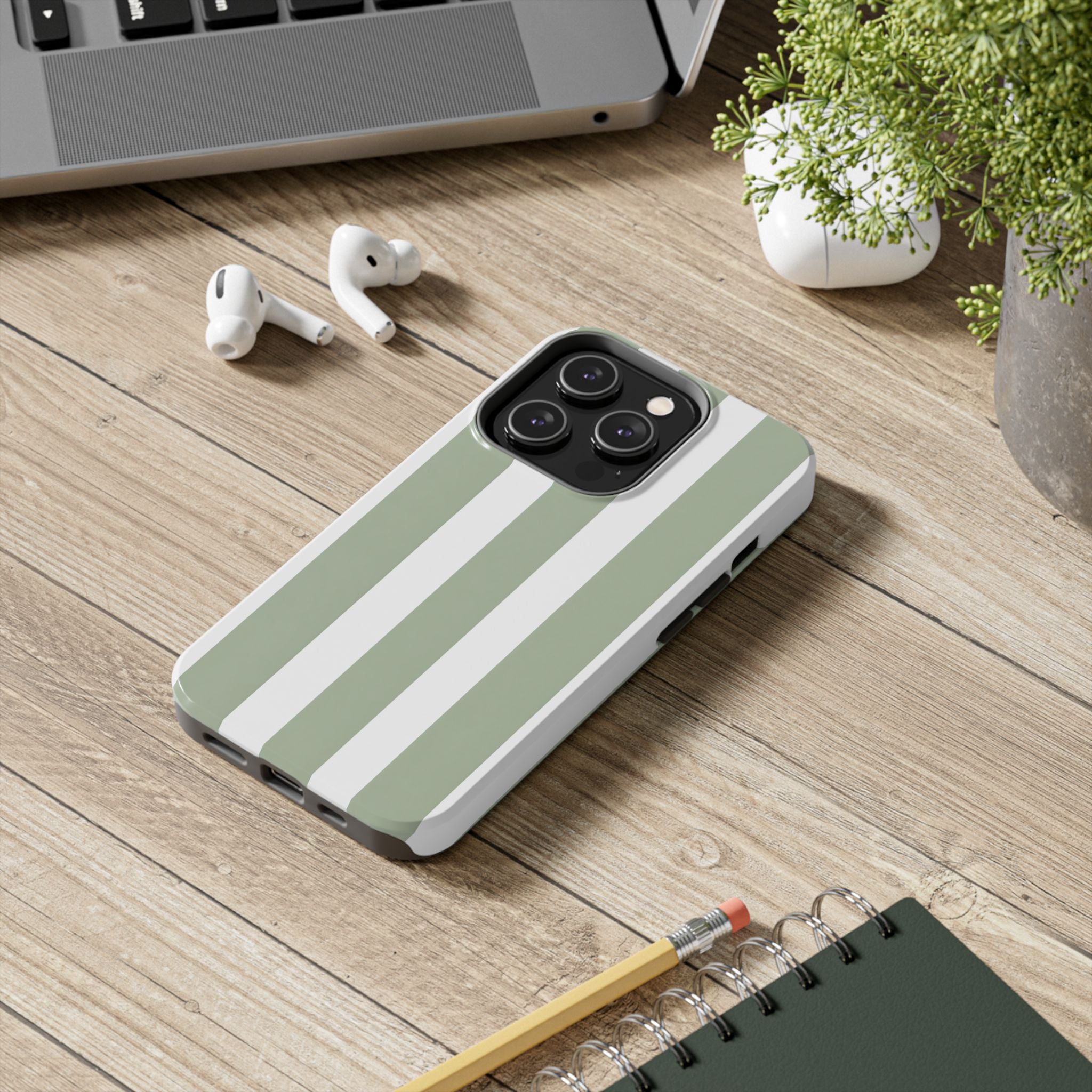 Sage & White Striped Tough Phone Case — Durable Protective Phone Cover