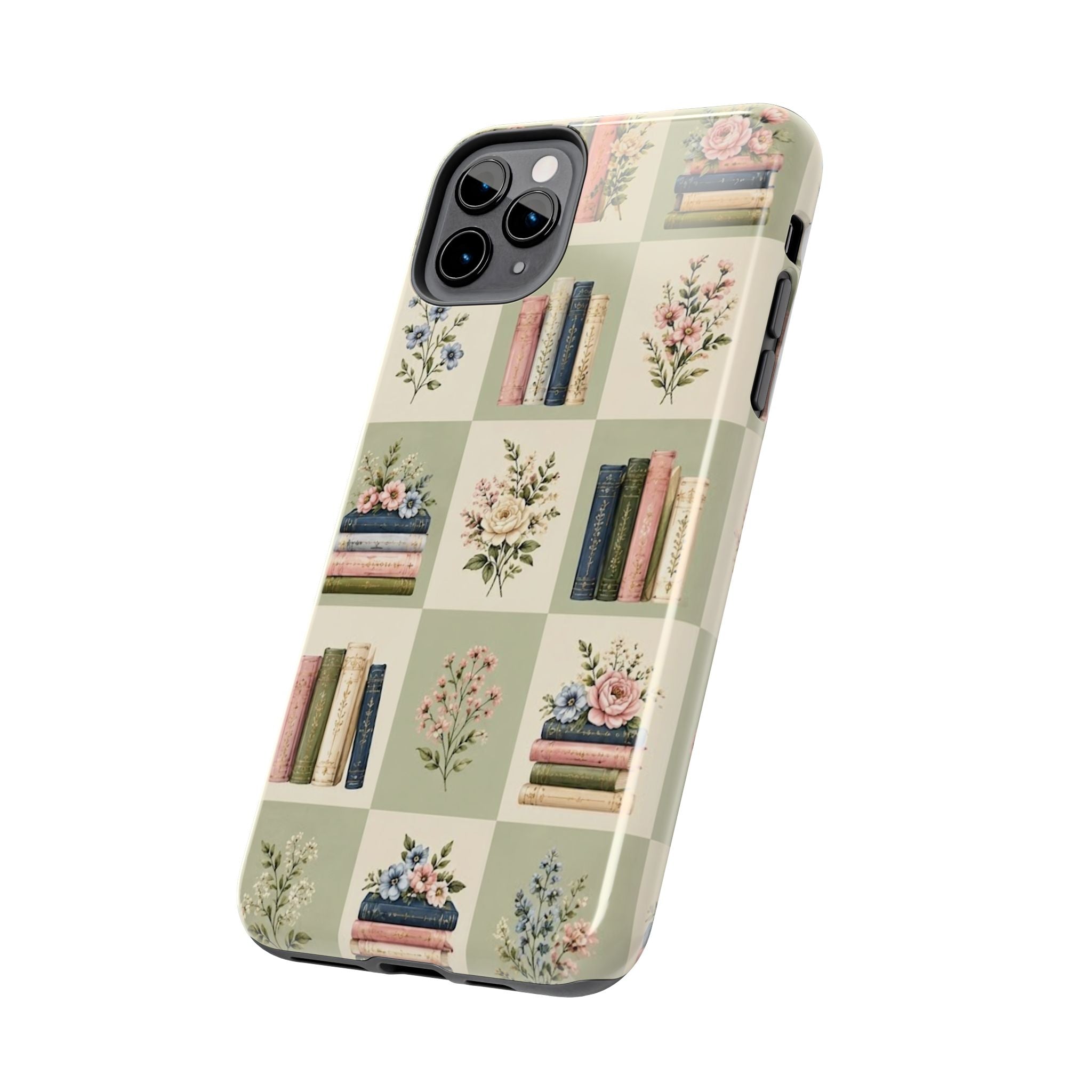 Floral Bookshelf Tough Phone Case — Vintage Floral & Stacked Books Pattern