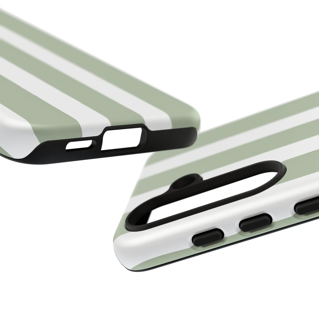 Striped Sage Tough Phone Case — Durable Green & White Vertical Stripe Phone Cover