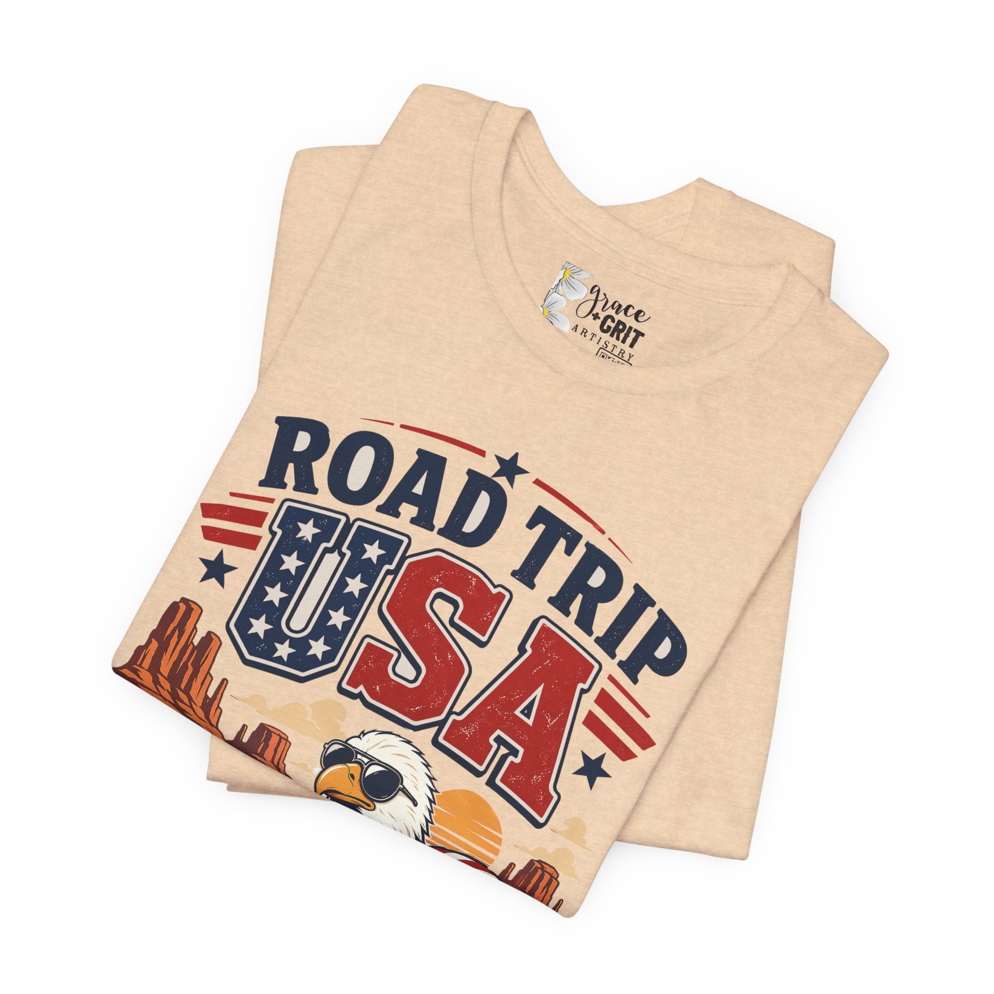 Road Trip USA Tee — Vintage Eagle & Muscle Car Patriotic T‑Shirt