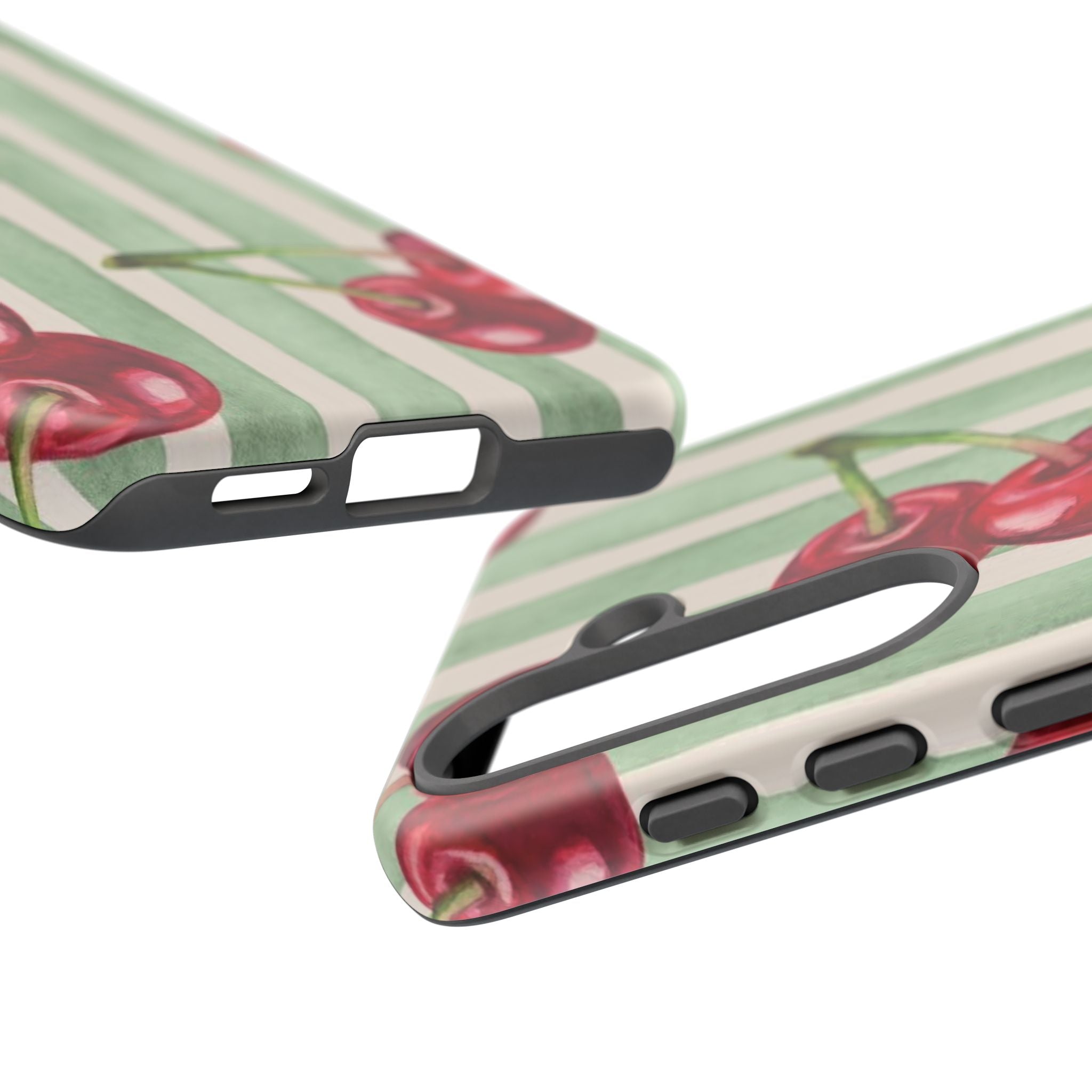 Cherry Stripe Phone Case – Retro Watercolor Cherries on Mint Stripes