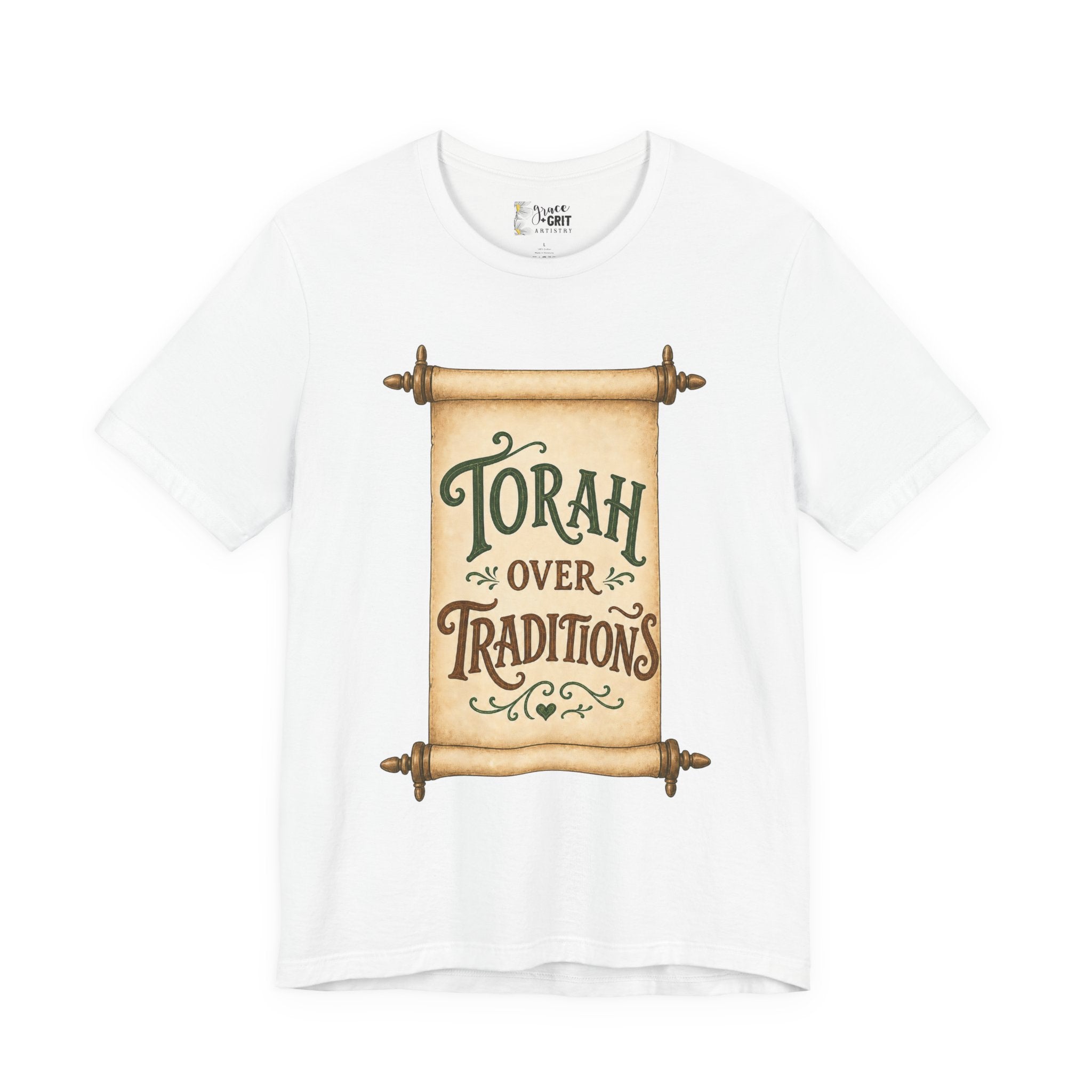 Torah Over Traditions Tee | Scroll Typography Jewish Faith Shirt