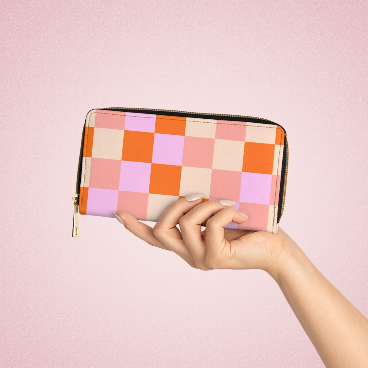 Pastel Checkerboard Zipper Wallet – Pink, Orange & Lavender Geometric Design