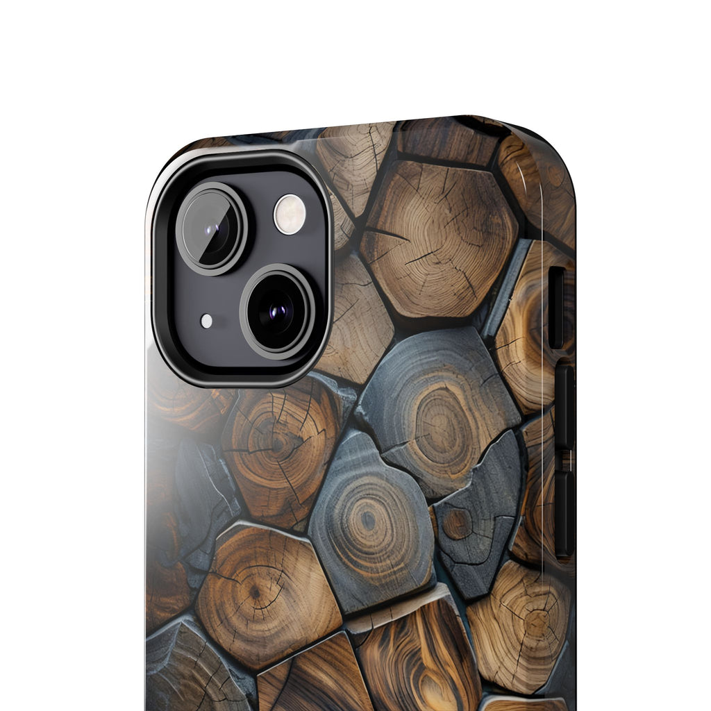 Woodgrain Hex Pattern Tough Phone Case — Rustic Log Cross-Section Design
