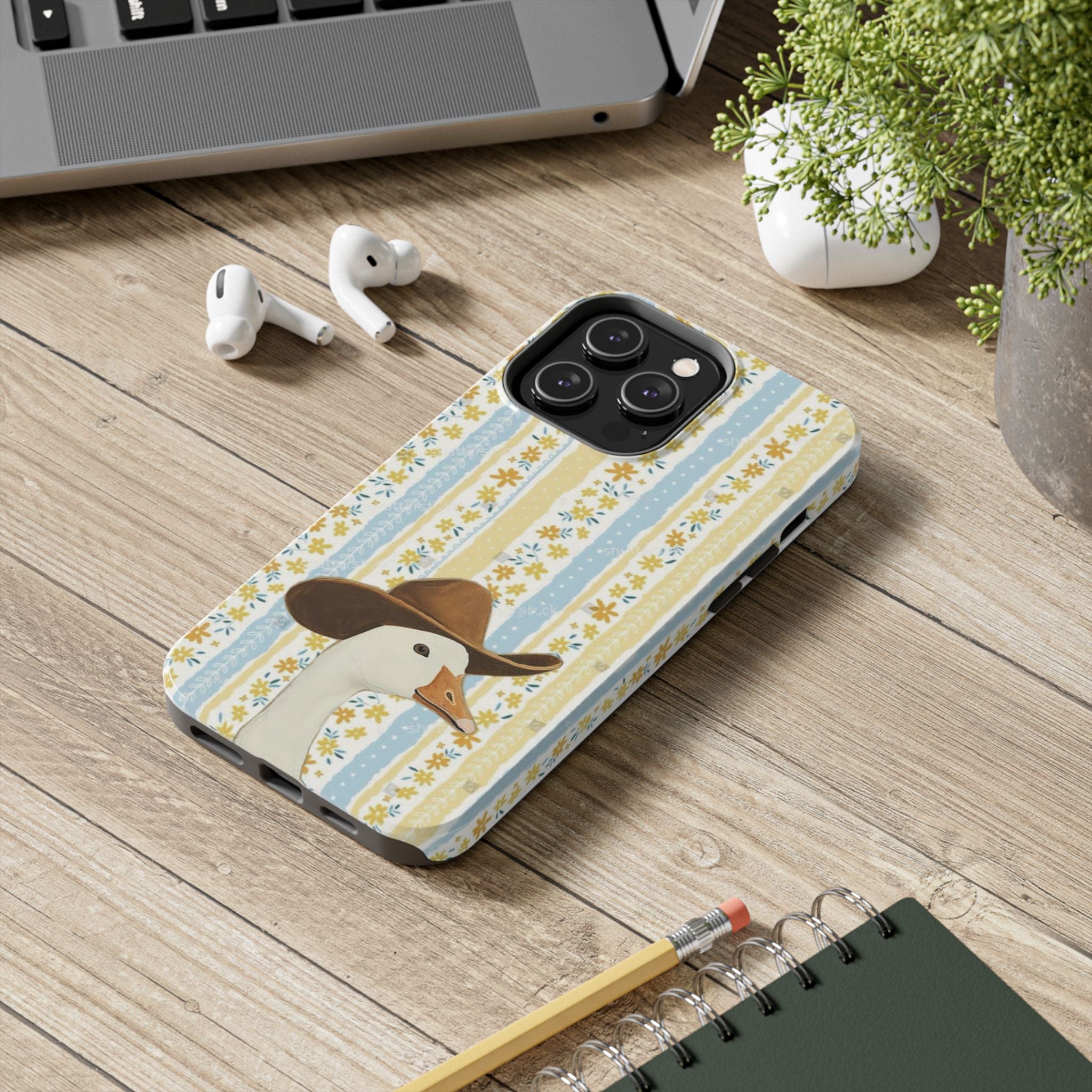 Cowboy Goose Tough Phone Case — Cute Farm Animal iPhone Case with Floral Stripes